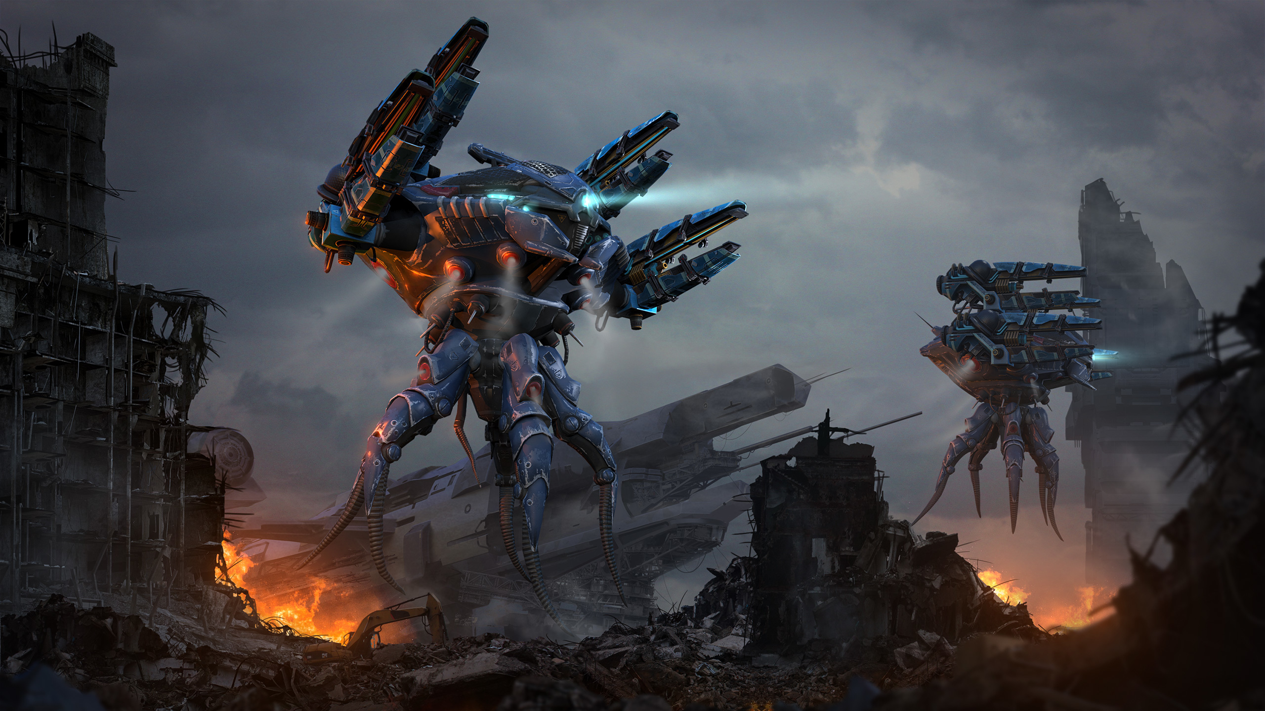 War Robots in a Destroyed Cityscape HD Wallpaper