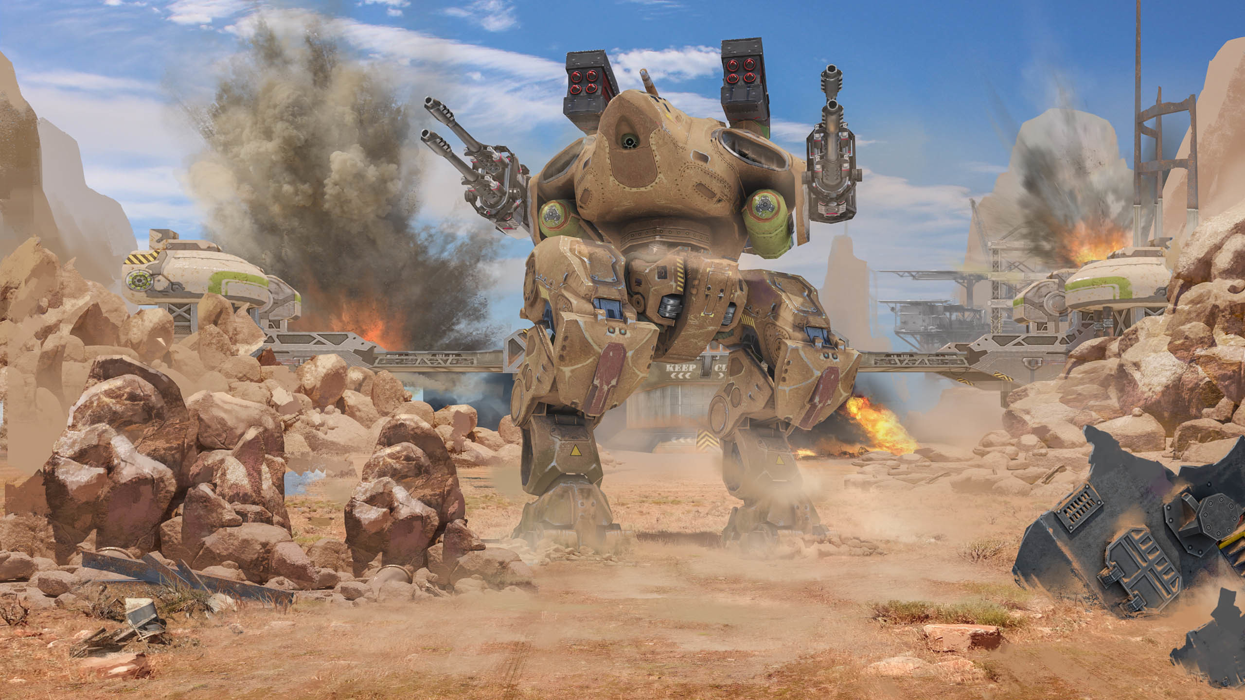 War Robots battle scene with mechs and explosions HD Wallpaper