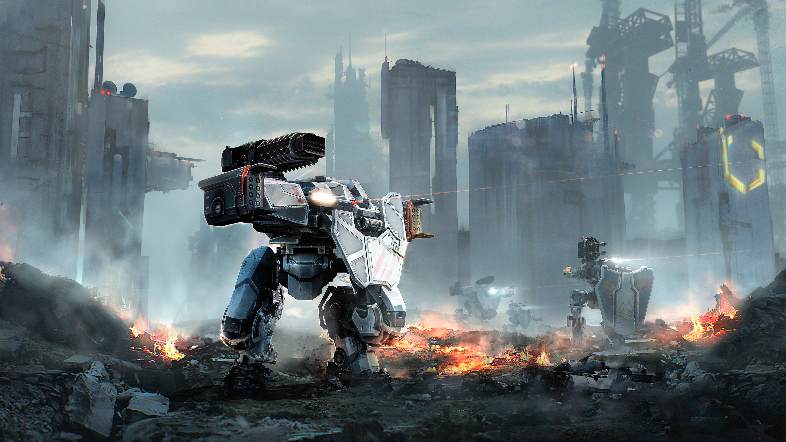 War Robots battle in destroyed city HD Wallpaper