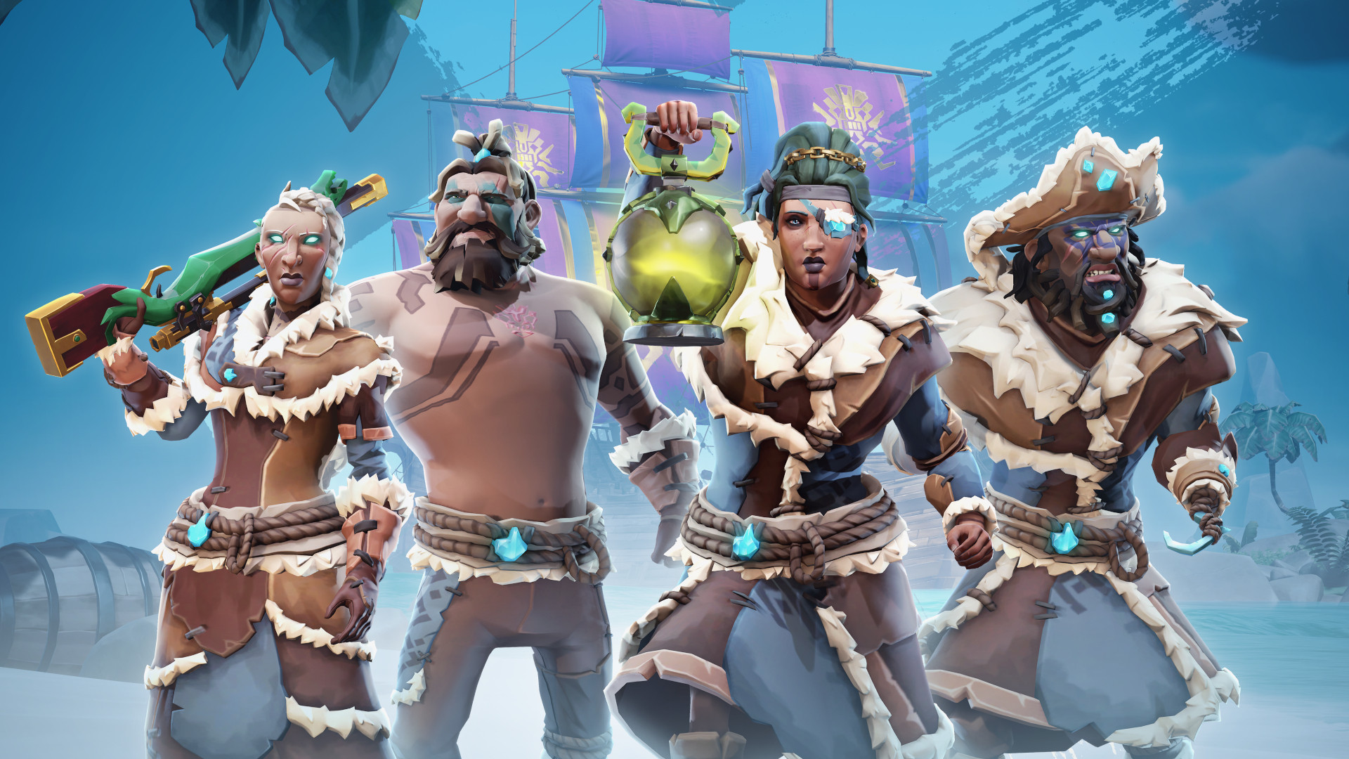 Four pirates from Sea of Thieves with a ship in the background HD Wallpaper