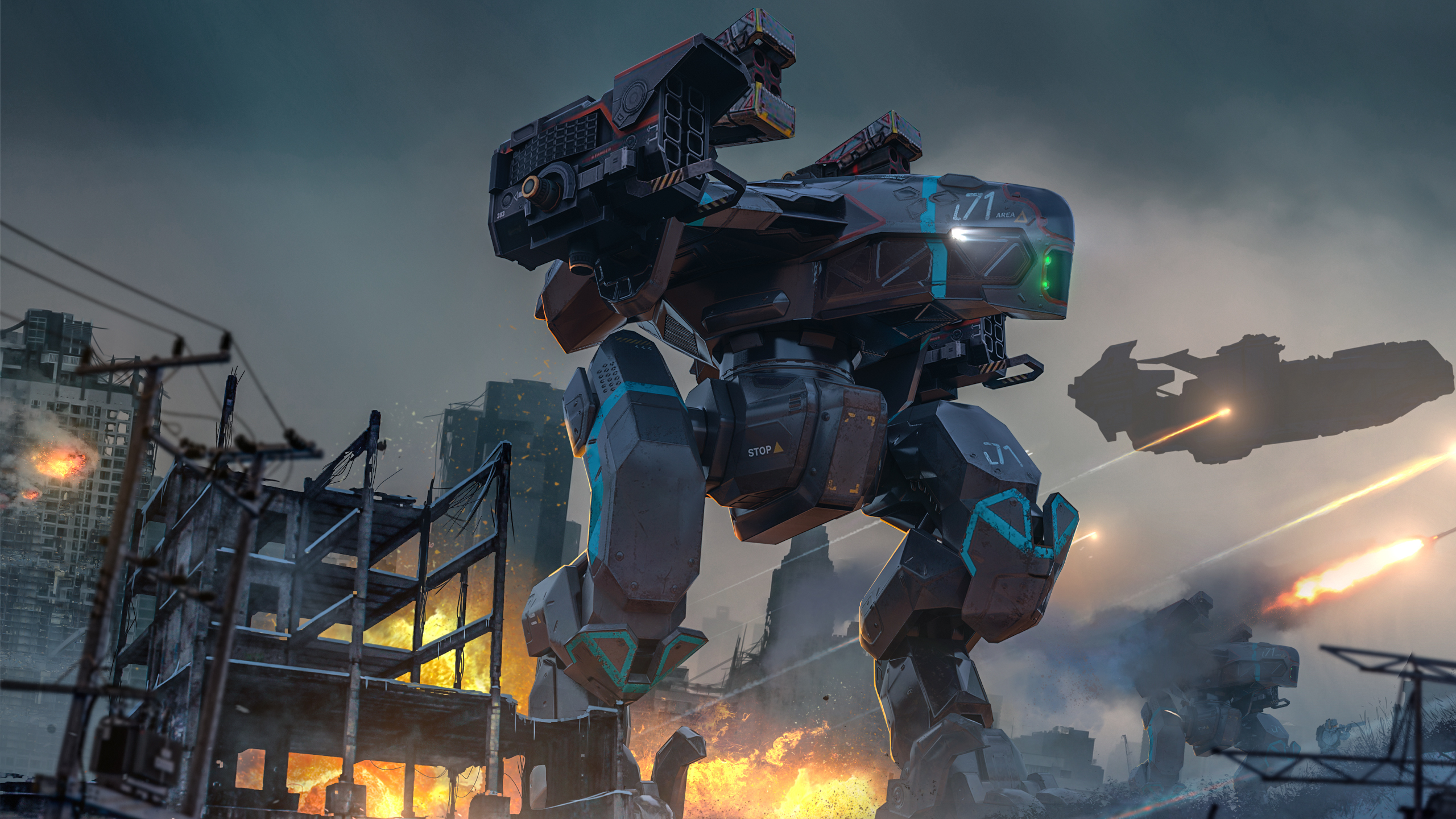 War Robots battle scene with mechs and destroyed city HD Wallpaper