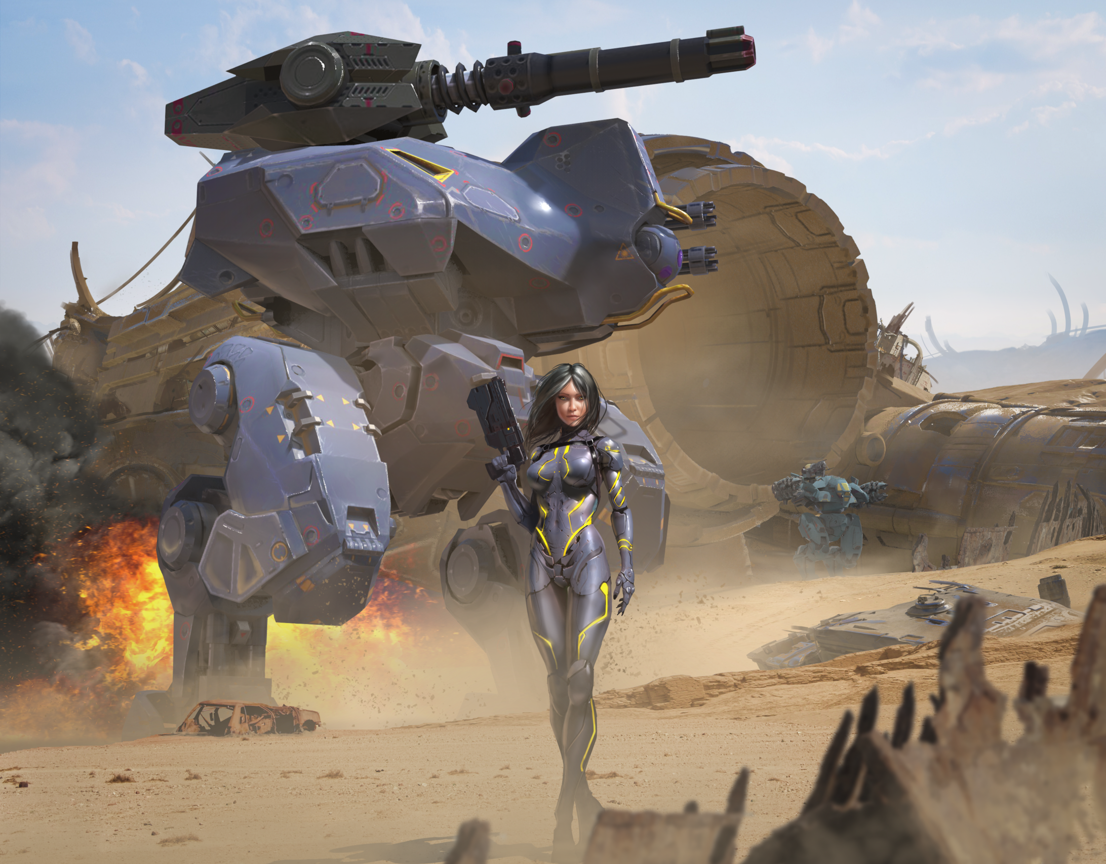 Woman in futuristic suit and mech in desert battlefield HD Wallpaper
