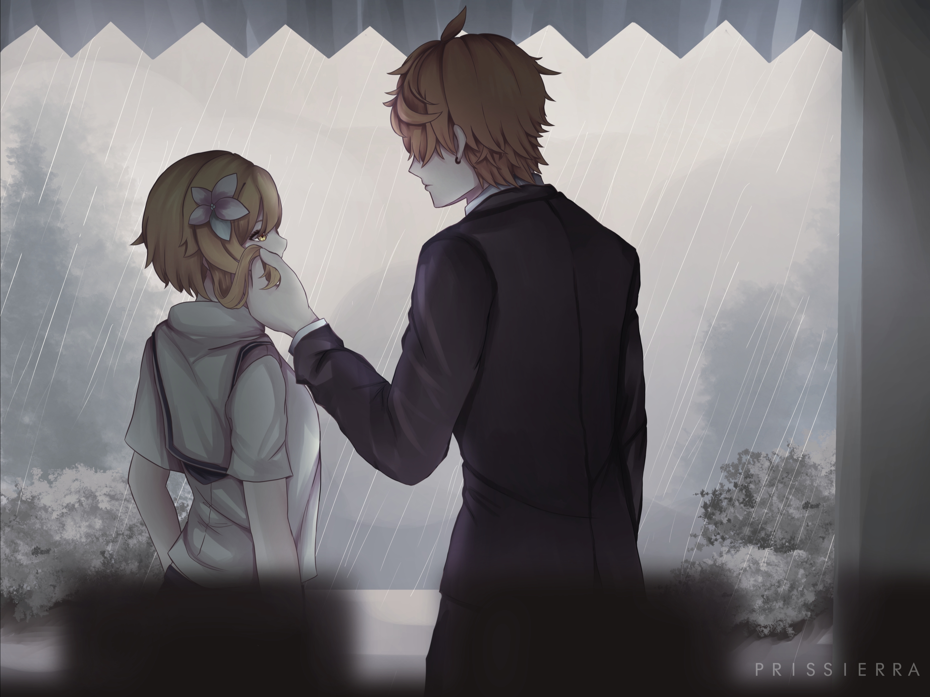 Childe and Lumine from Genshin Impact in the rain HD Wallpaper
