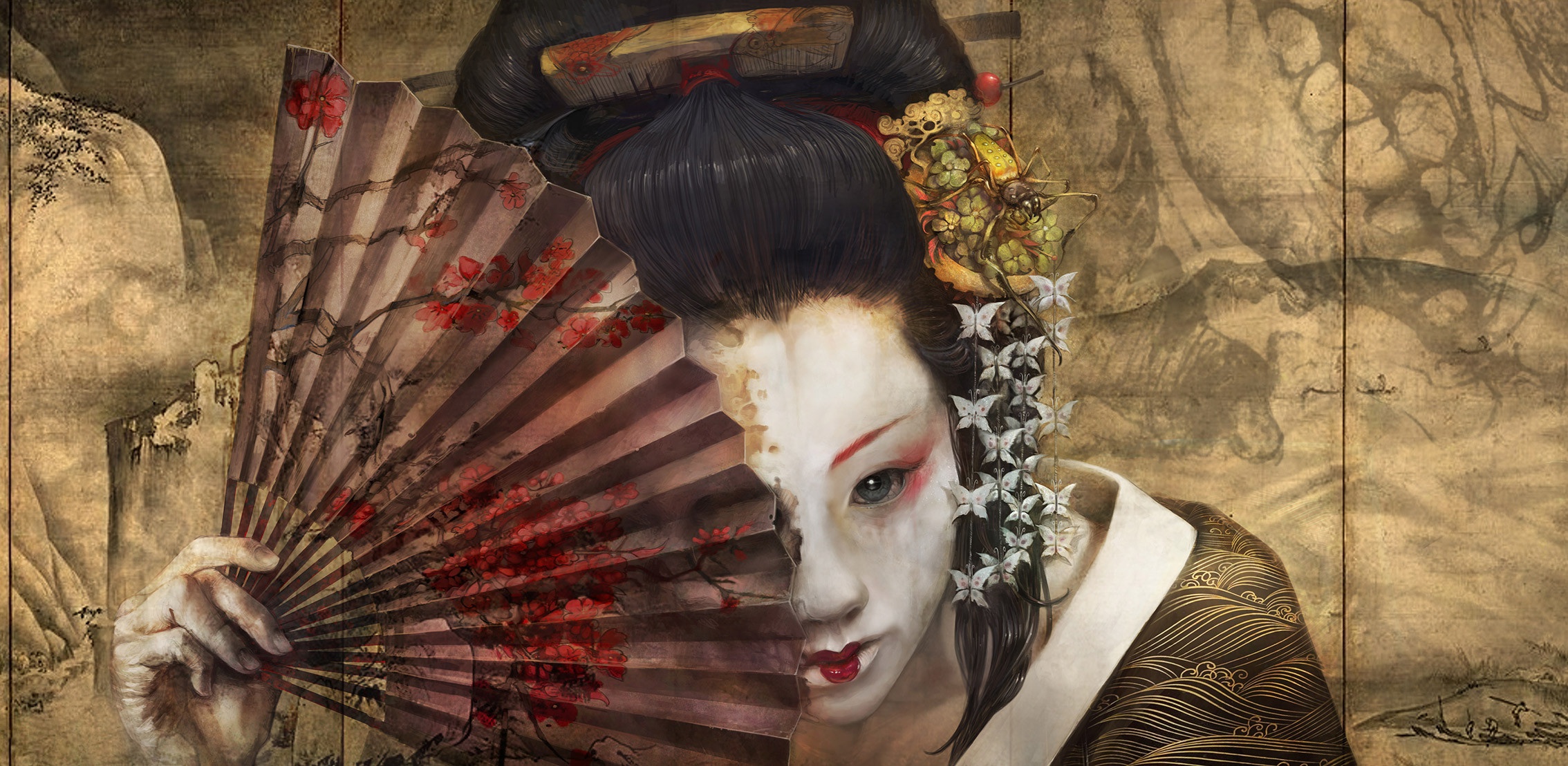 Fantasy Geisha with Fan and Mask HD Wallpaper