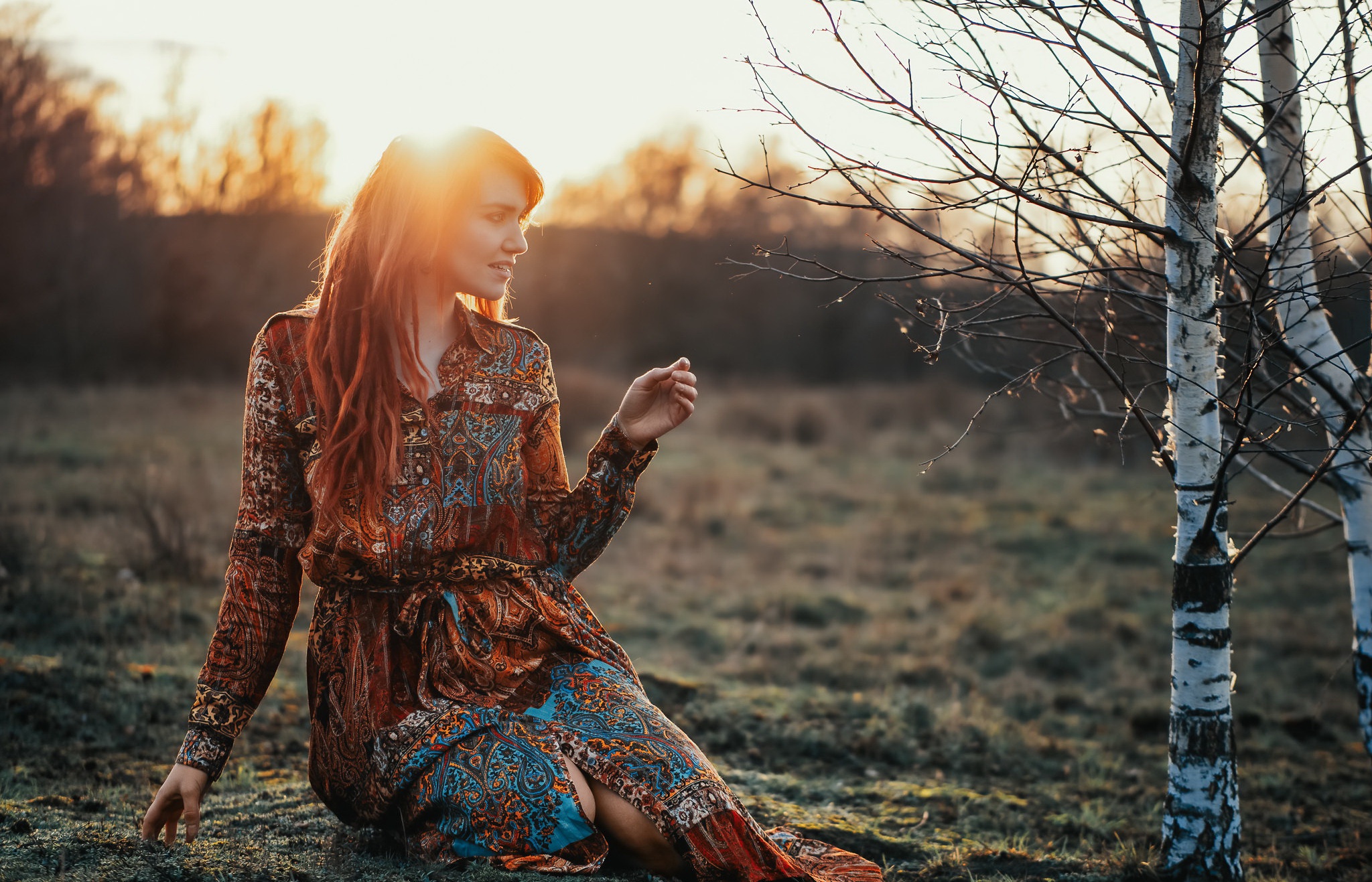 Woman with red hair in a patterned dress HD Wallpaper