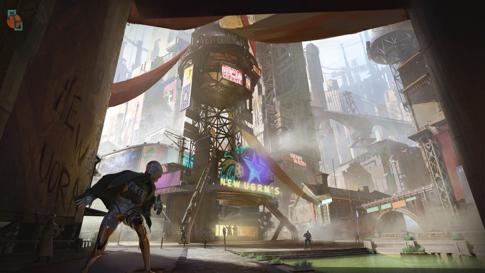 Cyberpunk Cityscape with a Cyborg Character HD Wallpaper