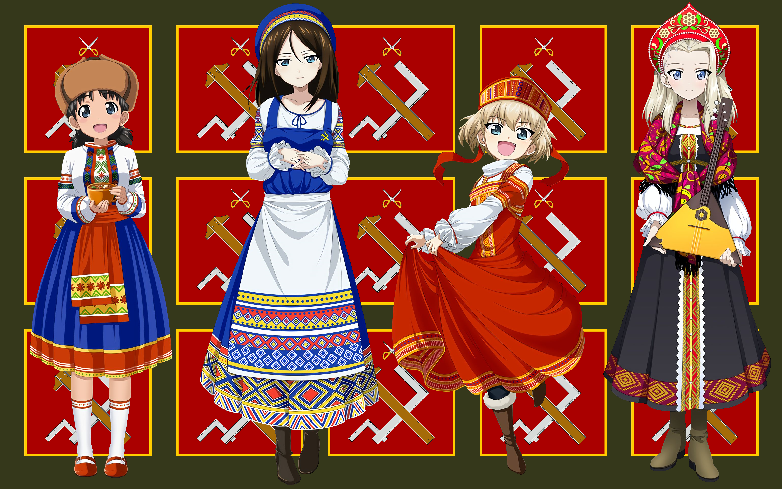 Girls und Panzer characters in Russian traditional clothing HD Wallpaper