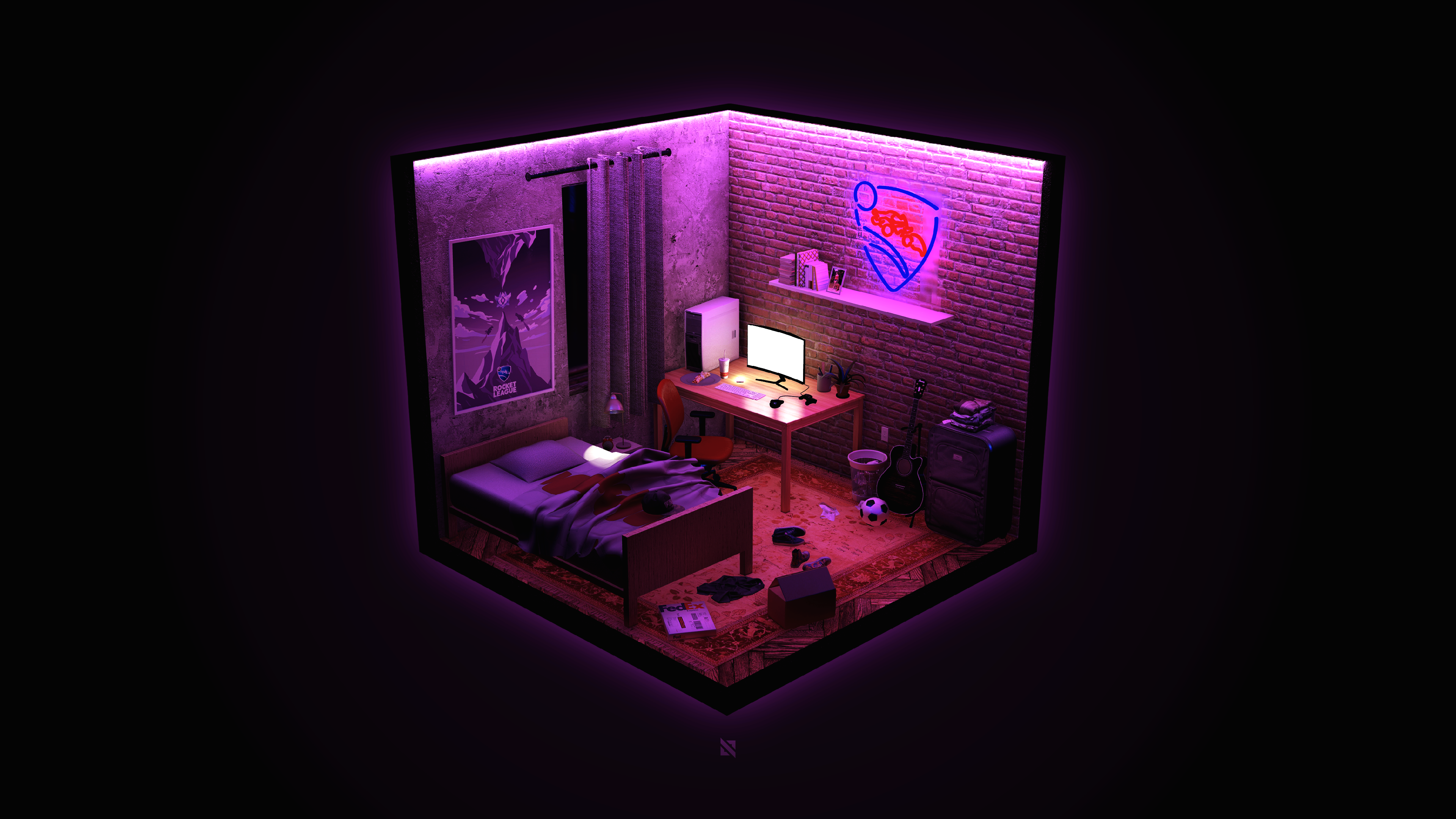 Isometric gamer room with neon lights HD Wallpaper