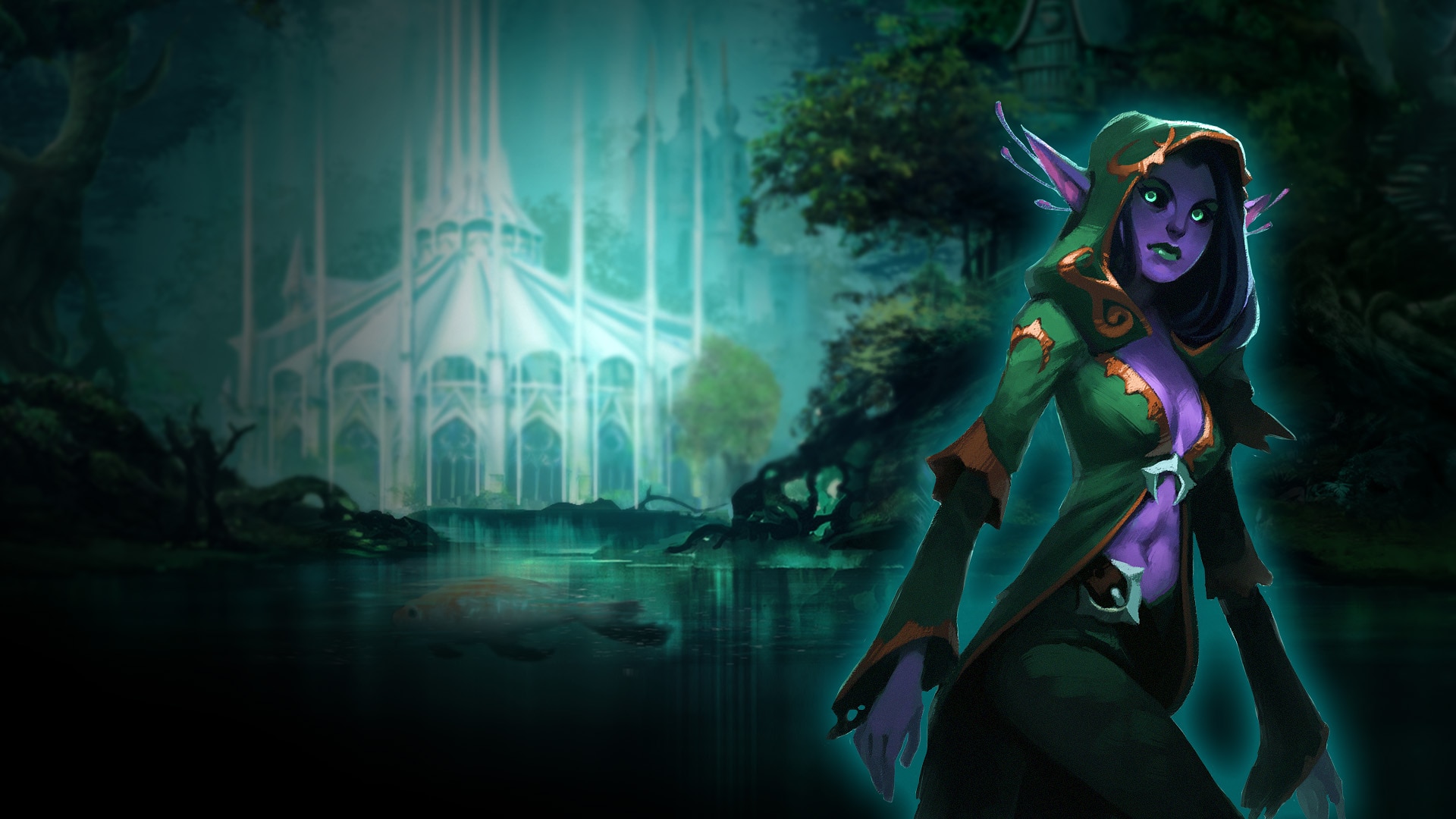 Elf character in a green hood near a castle HD Wallpaper
