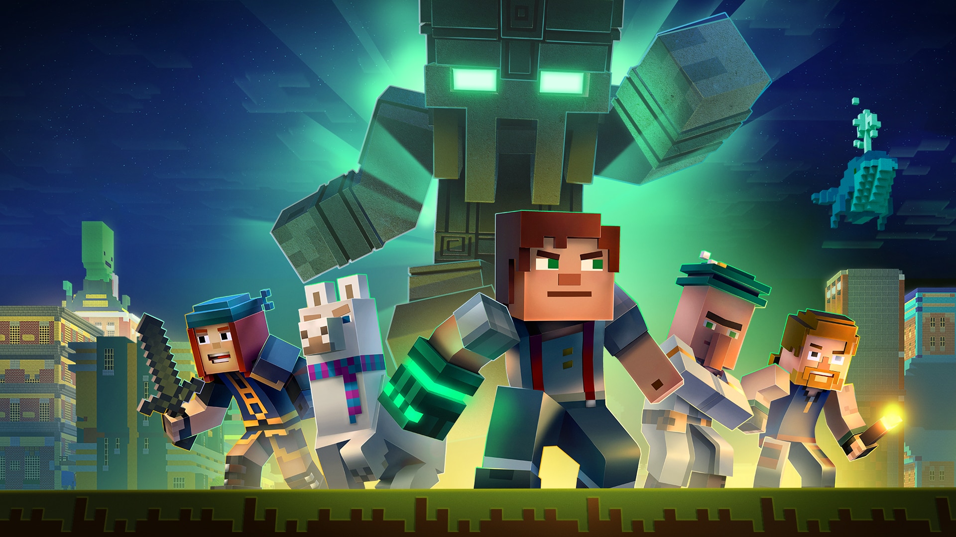 Minecraft: Story Mode characters facing a giant monster HD Wallpaper