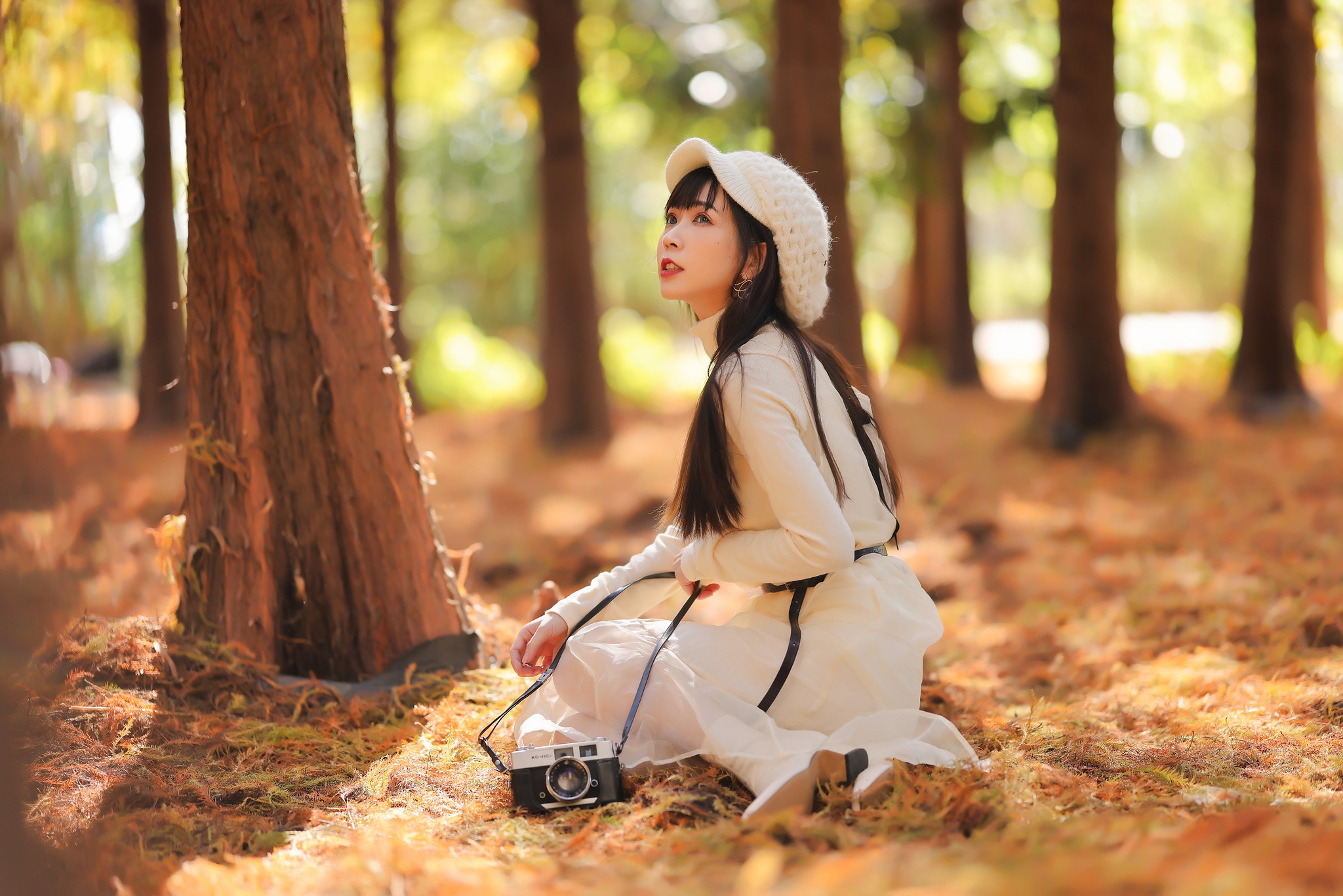 Woman with camera in forest HD Wallpaper