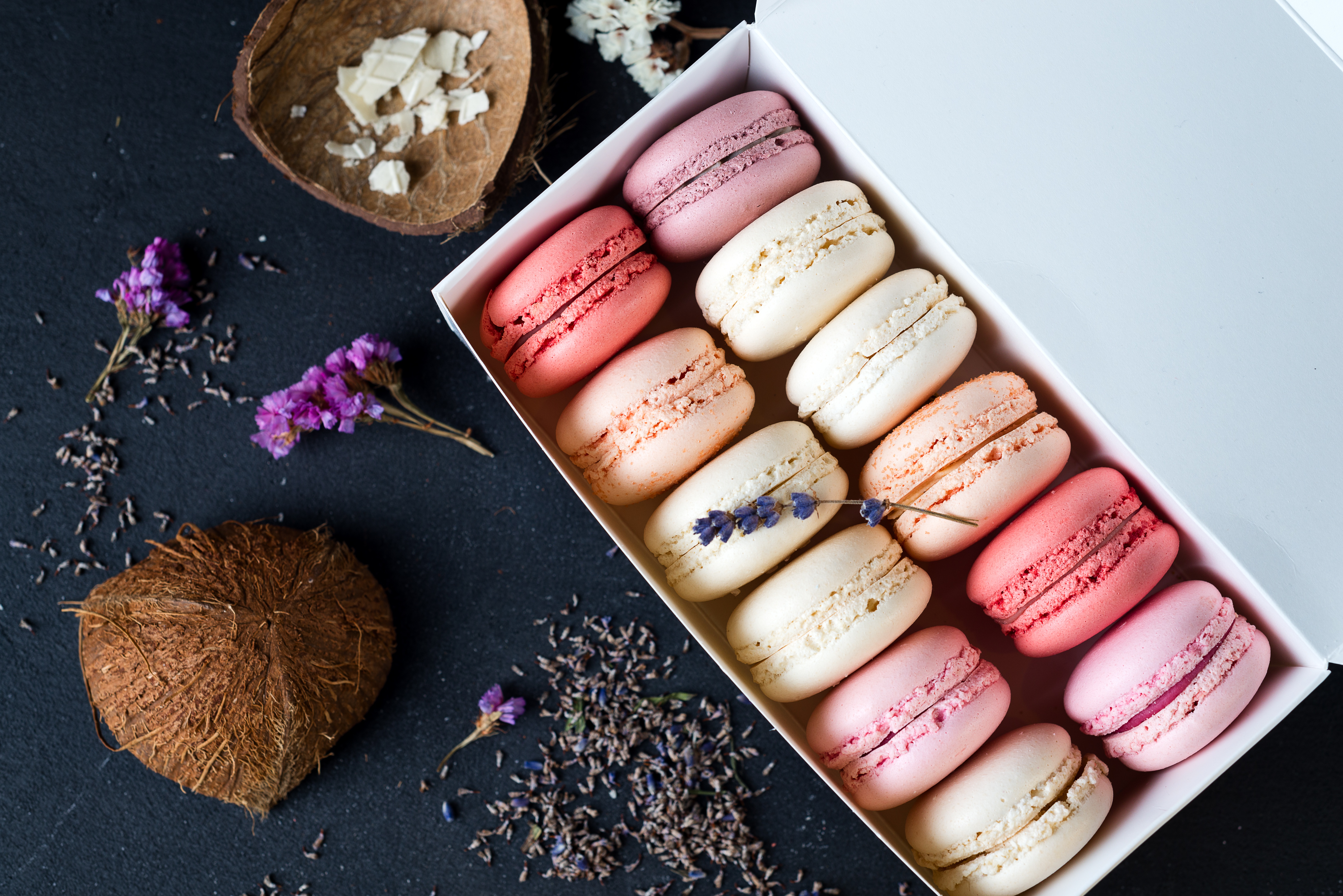 Macarons in a box with coconut and flowers HD Wallpaper