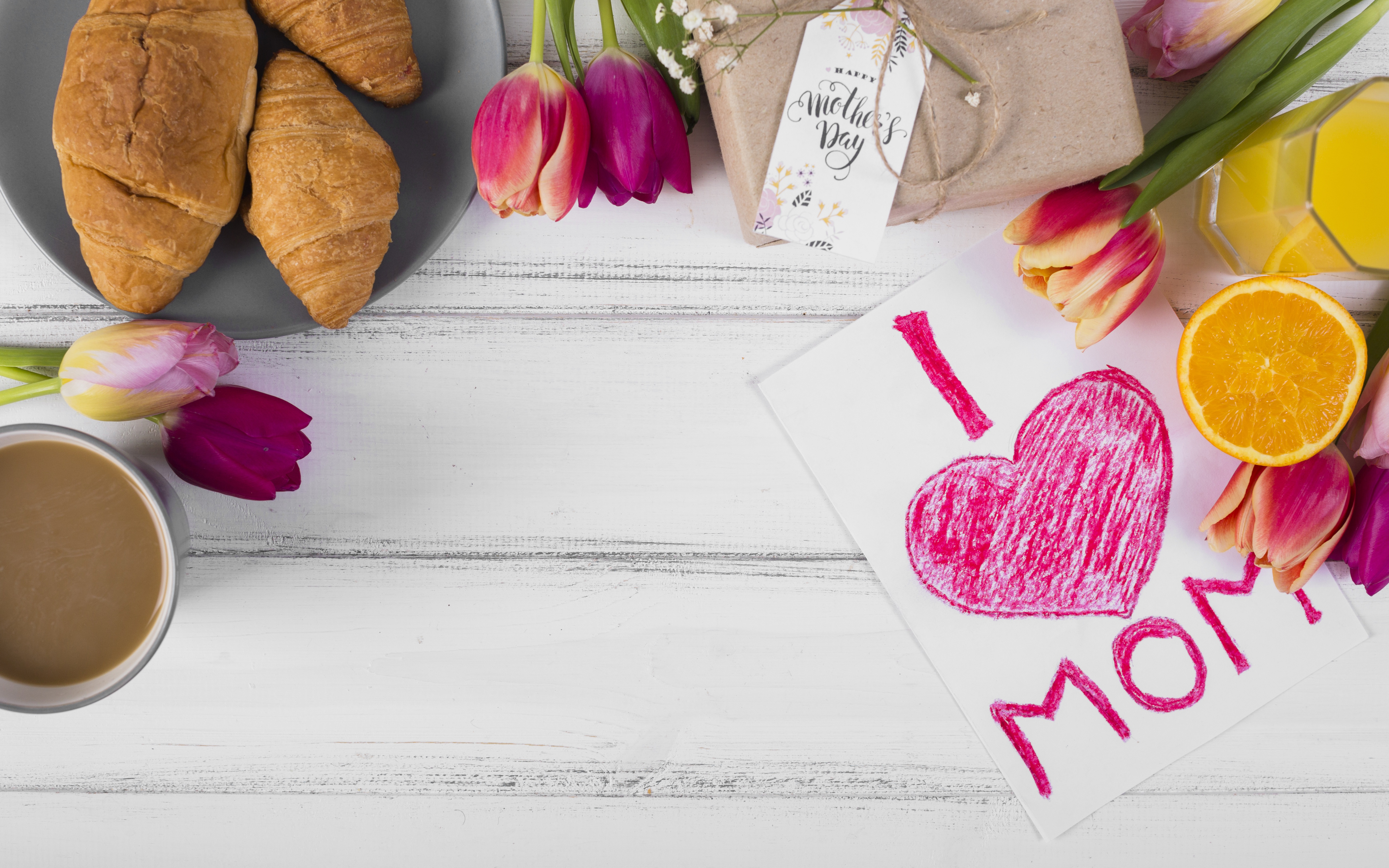 Mother's Day Breakfast with Croissants, Coffee, and Tulips HD Wallpaper