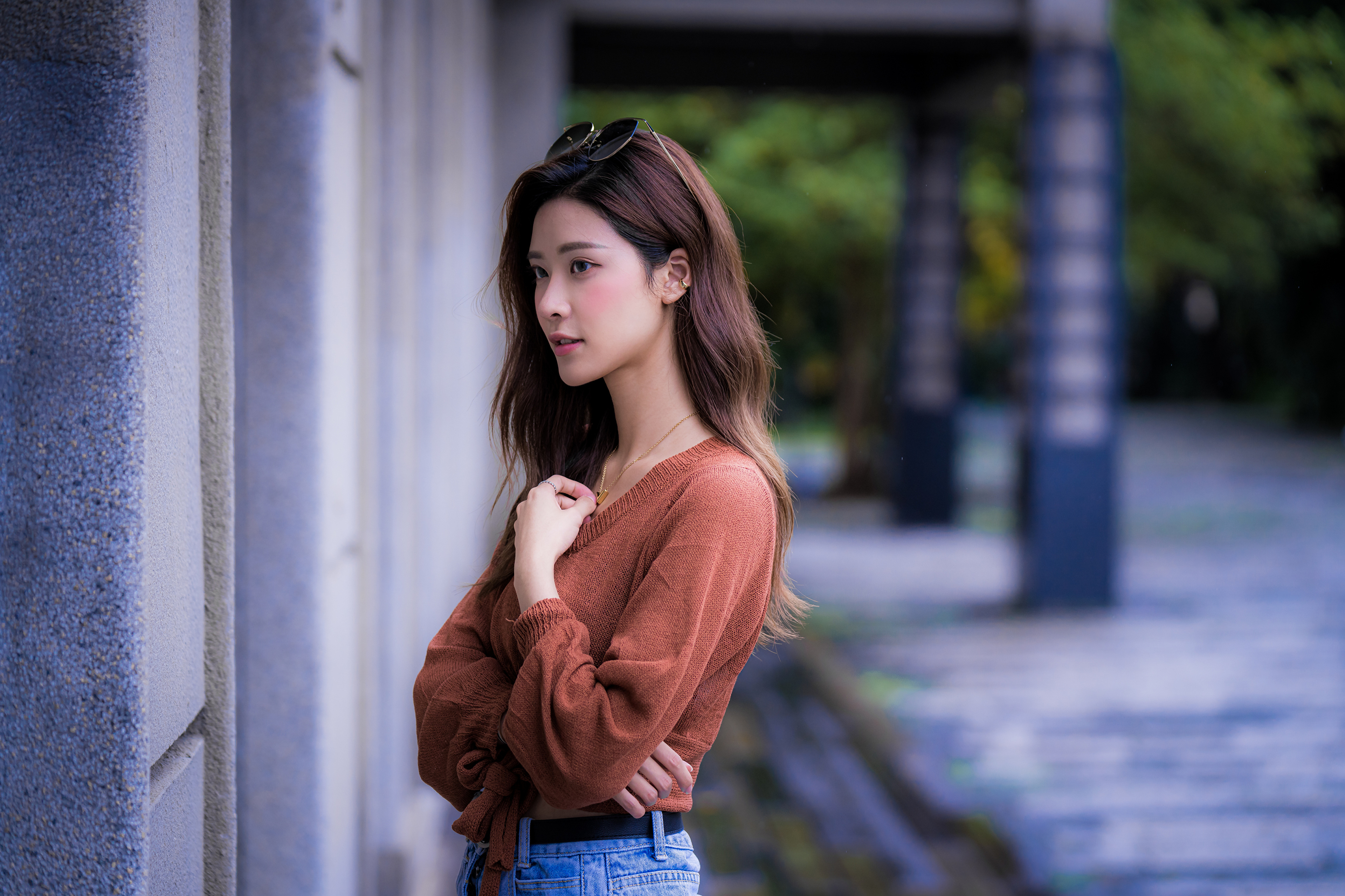 Asian woman with long brown hair and sunglasses HD Wallpaper