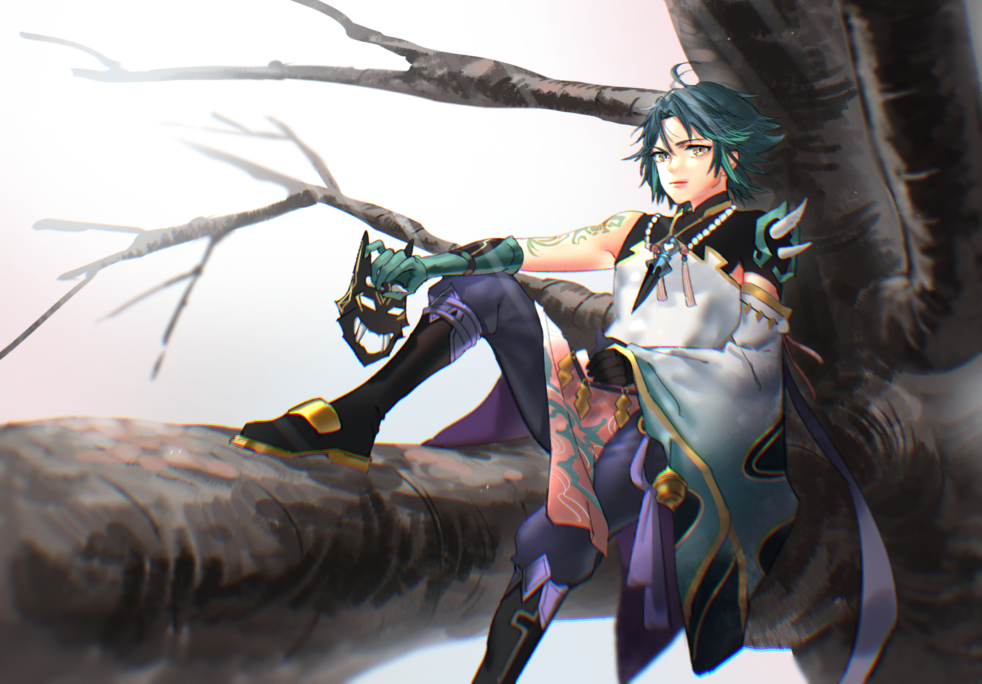 Xiao from Genshin Impact sitting on a tree branch HD Wallpaper