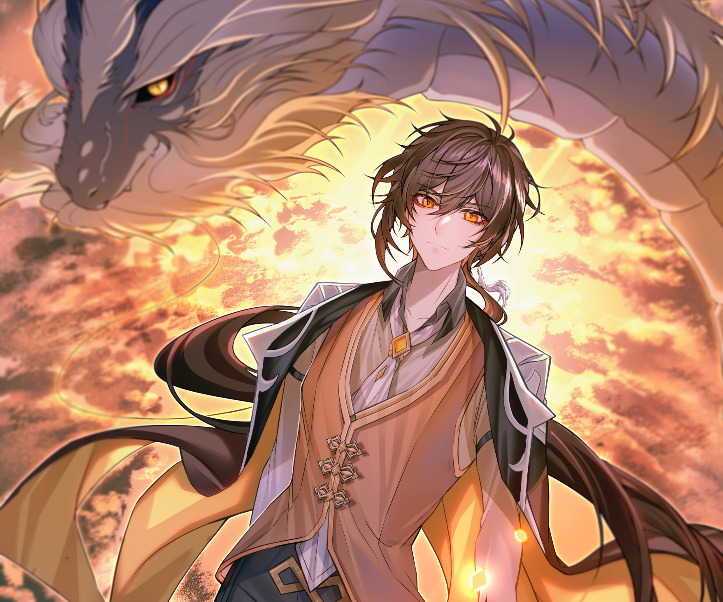 Zhongli from Genshin Impact with a dragon HD Wallpaper
