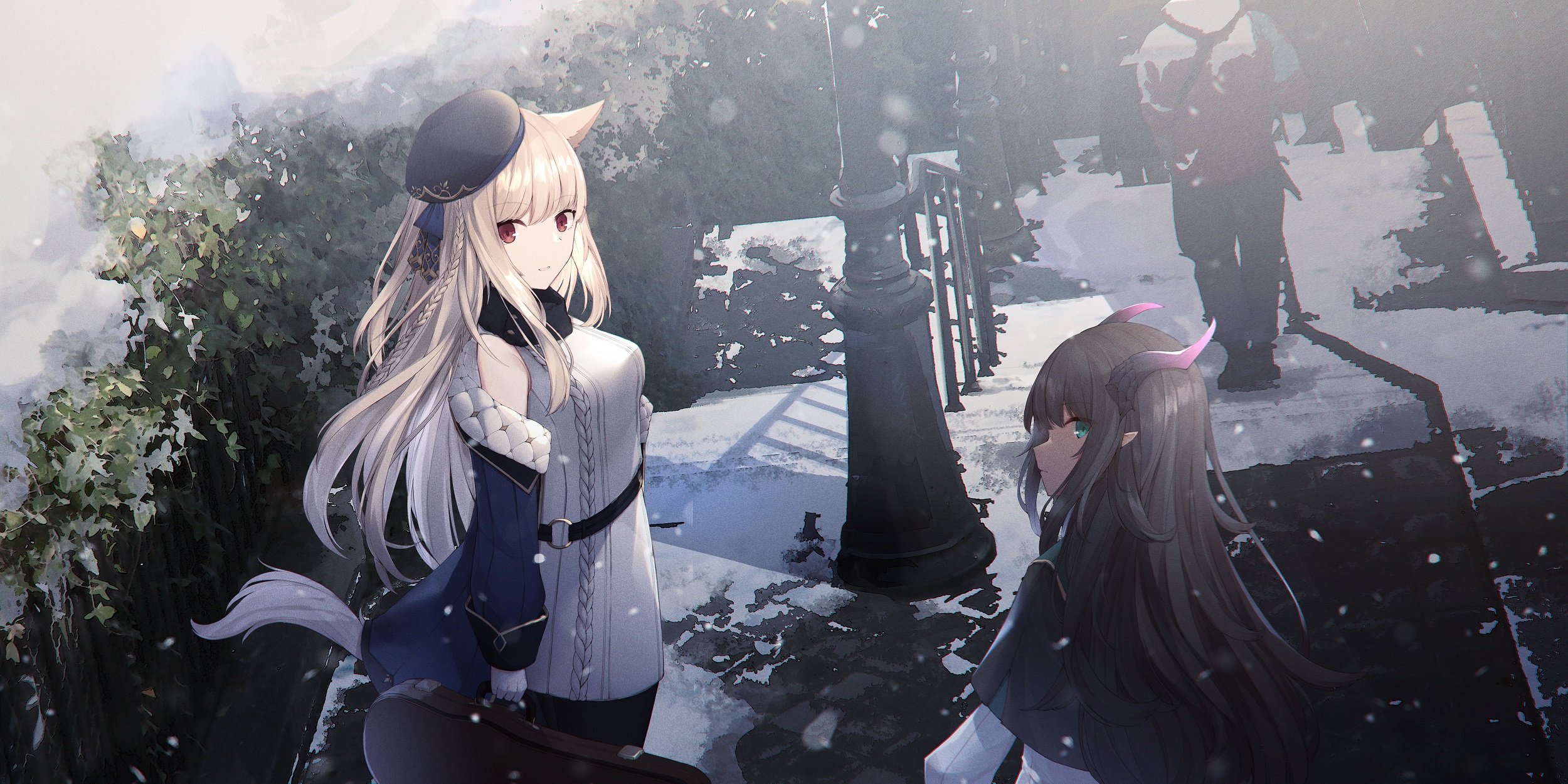 Anime girls with animal ears and horns in snow HD Wallpaper