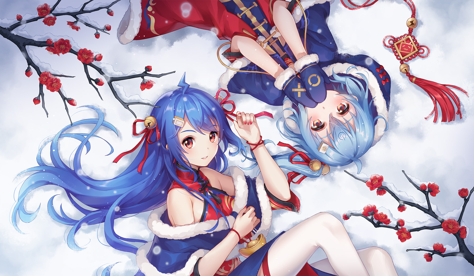 Two Bili Bili girls in winter outfits with snow and plum blossoms HD Wallpaper
