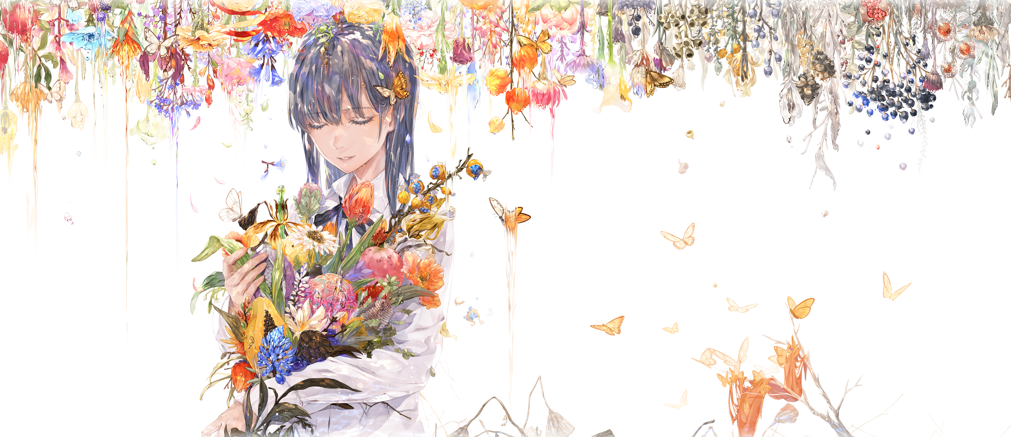 Girl with Blue Hair Holding Flowers and Butterflies HD Wallpaper