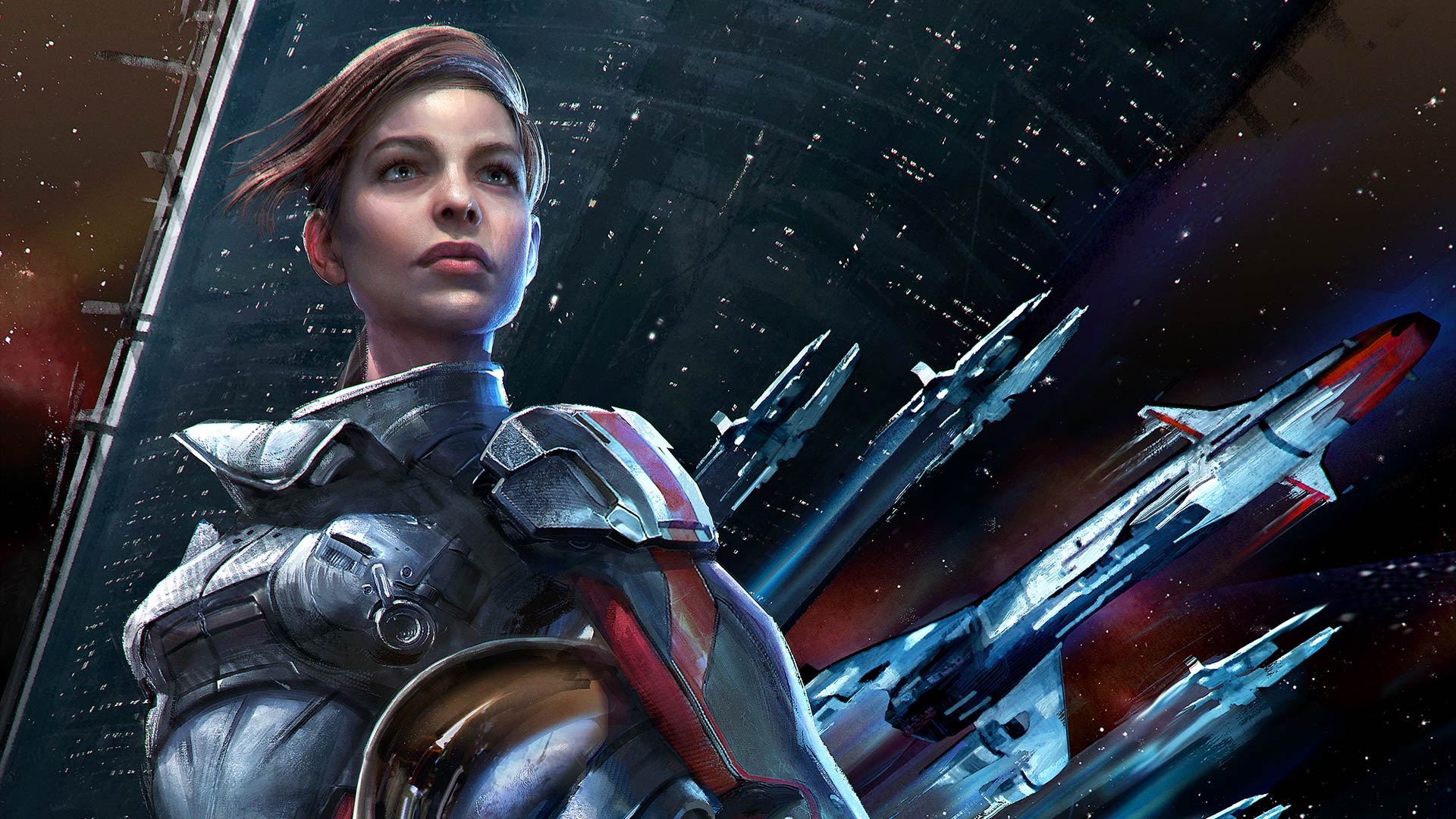 Female soldier from Mass Effect in front of spaceships HD Wallpaper