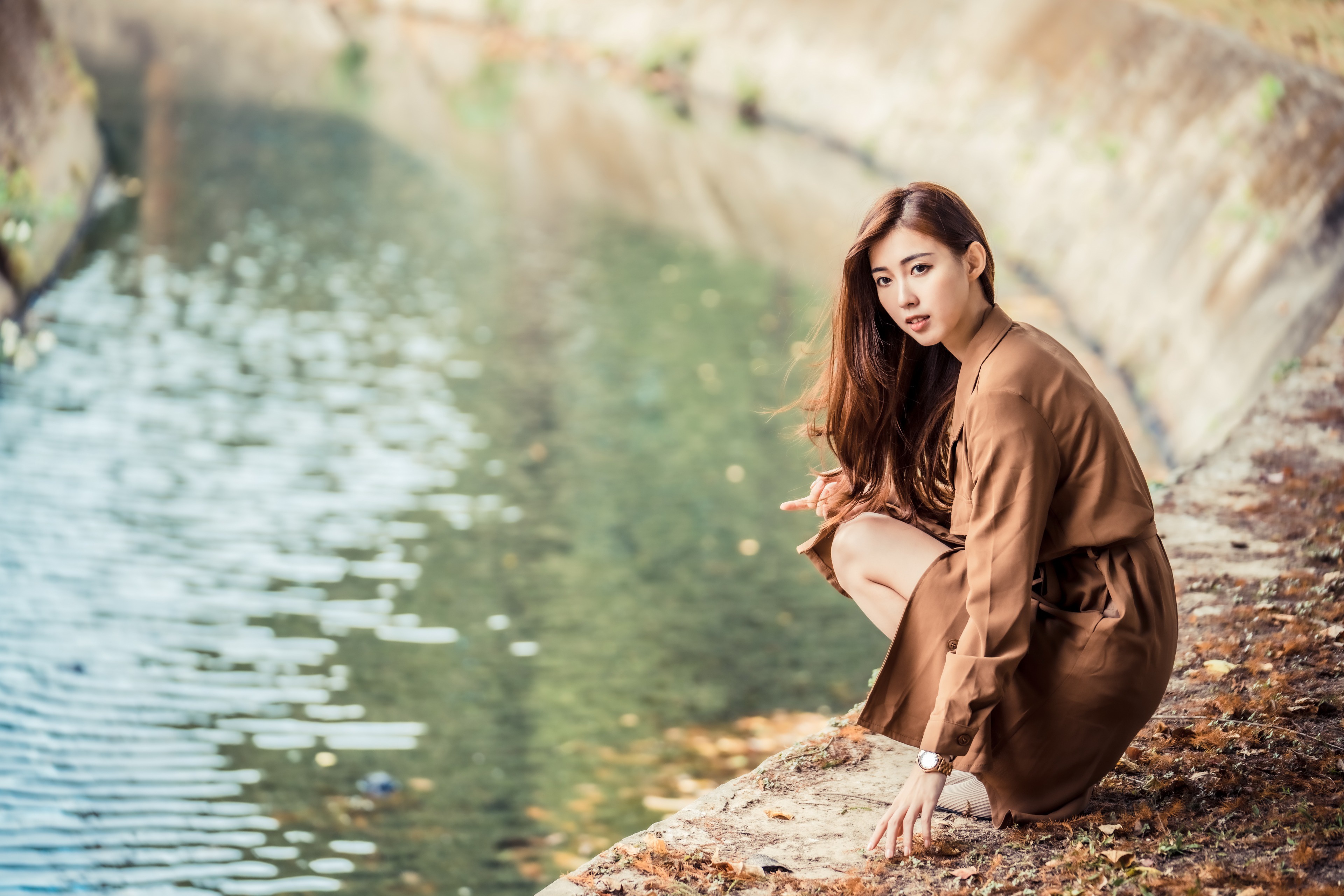 Asian Woman with Long Hair by Water HD Wallpaper