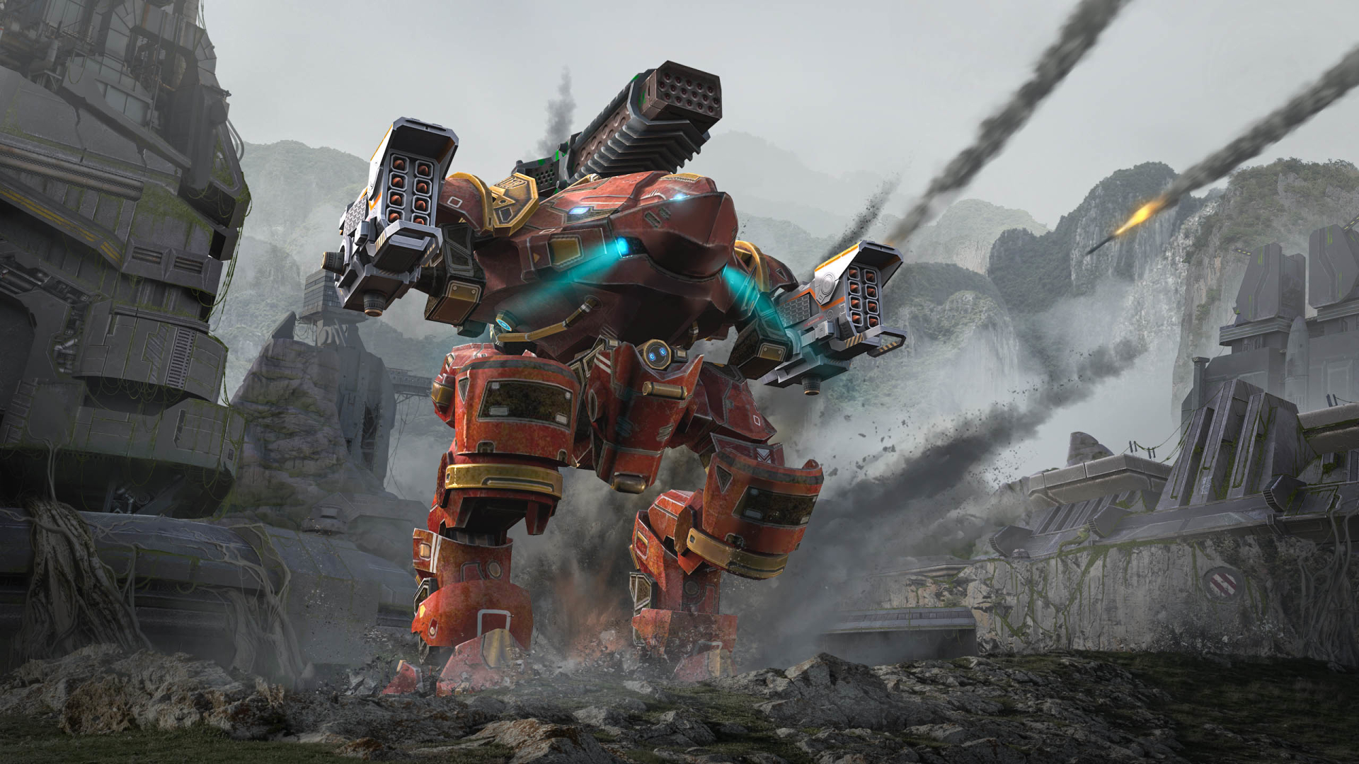 War Robots mech firing weapons in a destroyed landscape HD Wallpaper