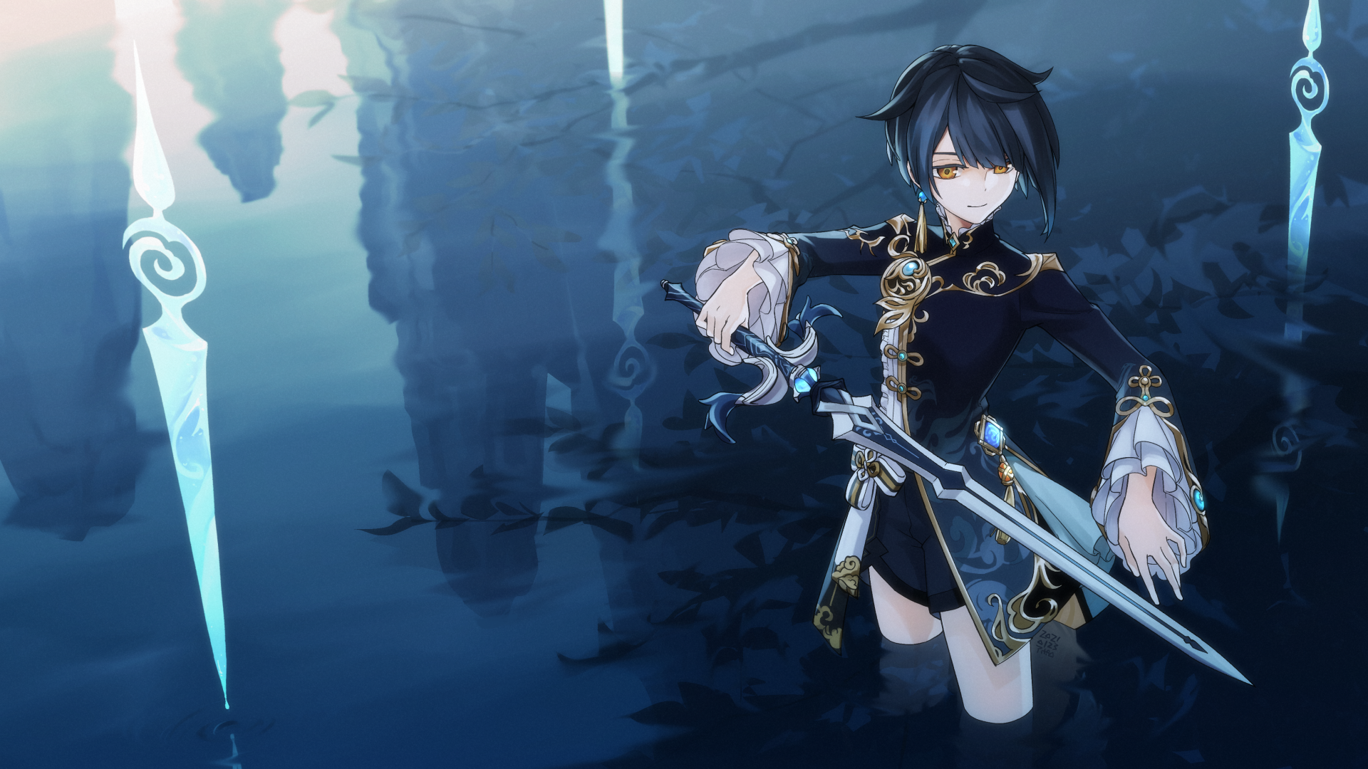 Xingqiu from Genshin Impact holding swords in water HD Wallpaper