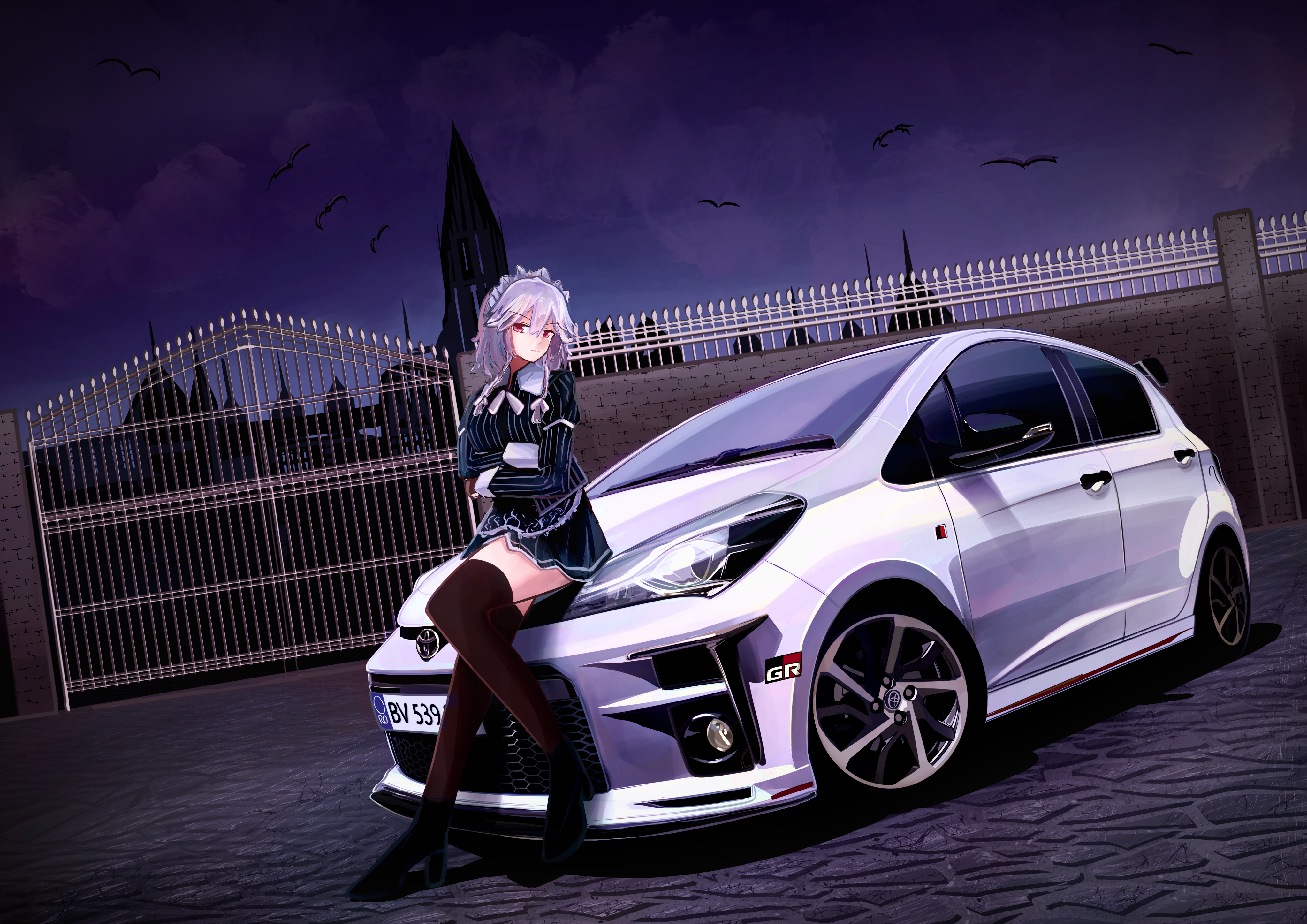 Sakuya Izayoi from Touhou with a white car HD Wallpaper