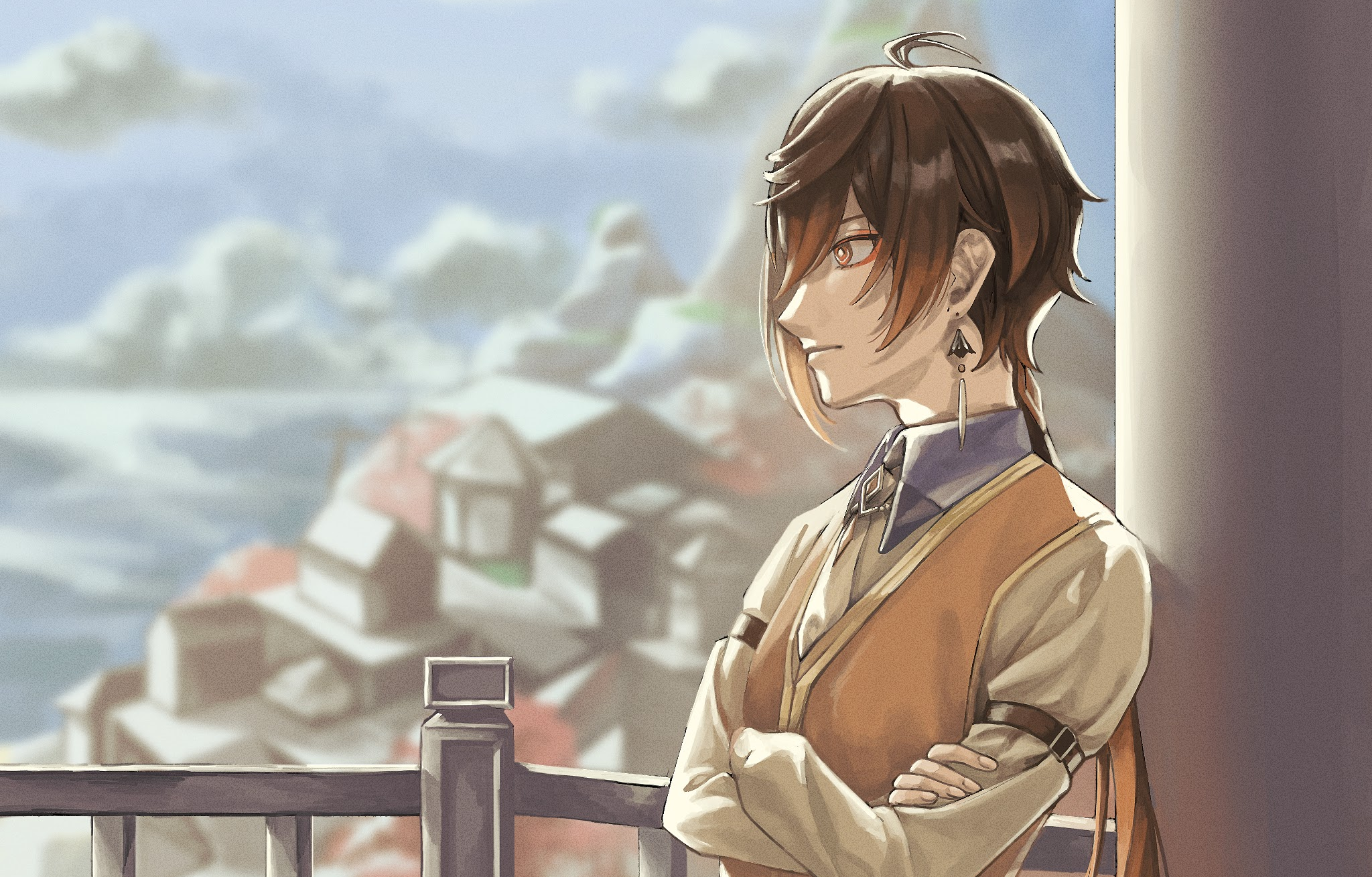 Zhongli from Genshin Impact looking out over a town HD Wallpaper