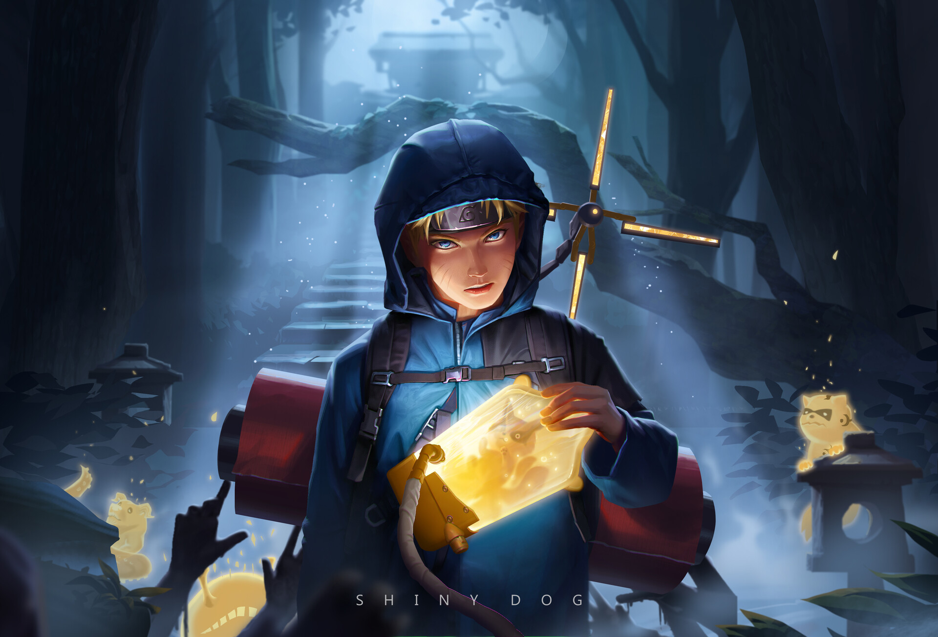 Naruto Uzumaki in a dark forest with glowing objects HD Wallpaper