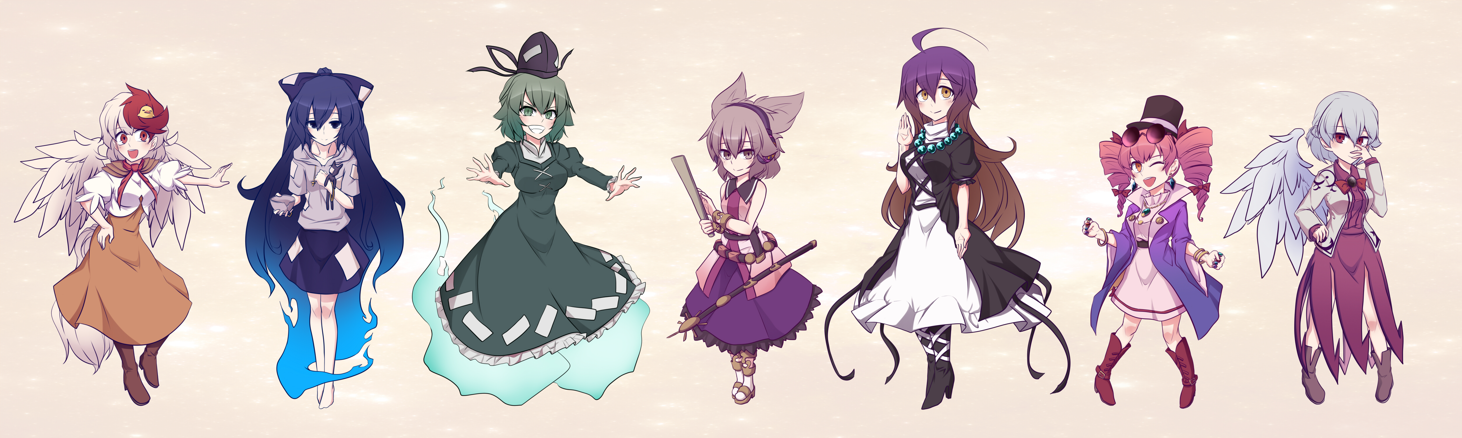 Touhou characters: Sagume Kishin, Byakuren Hijiri, Niwatari Kutaka, Soga no Tojiko, Joon Yorigami, Toyosatomimi no Miko, Shion Yorigami HD Wallpaper