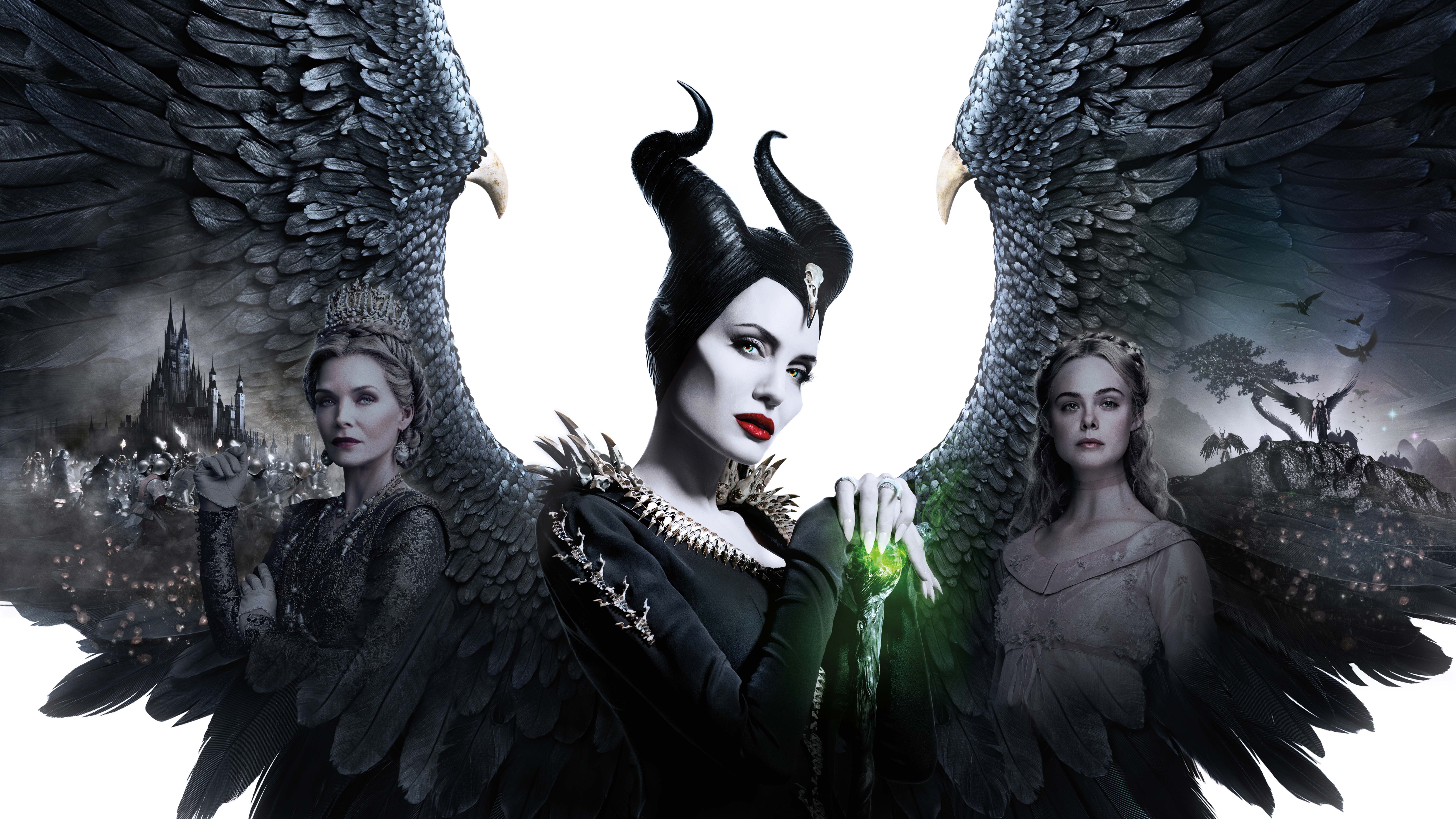 Maleficent, Queen Ingrith, and Princess Aurora from Maleficent HD Wallpaper