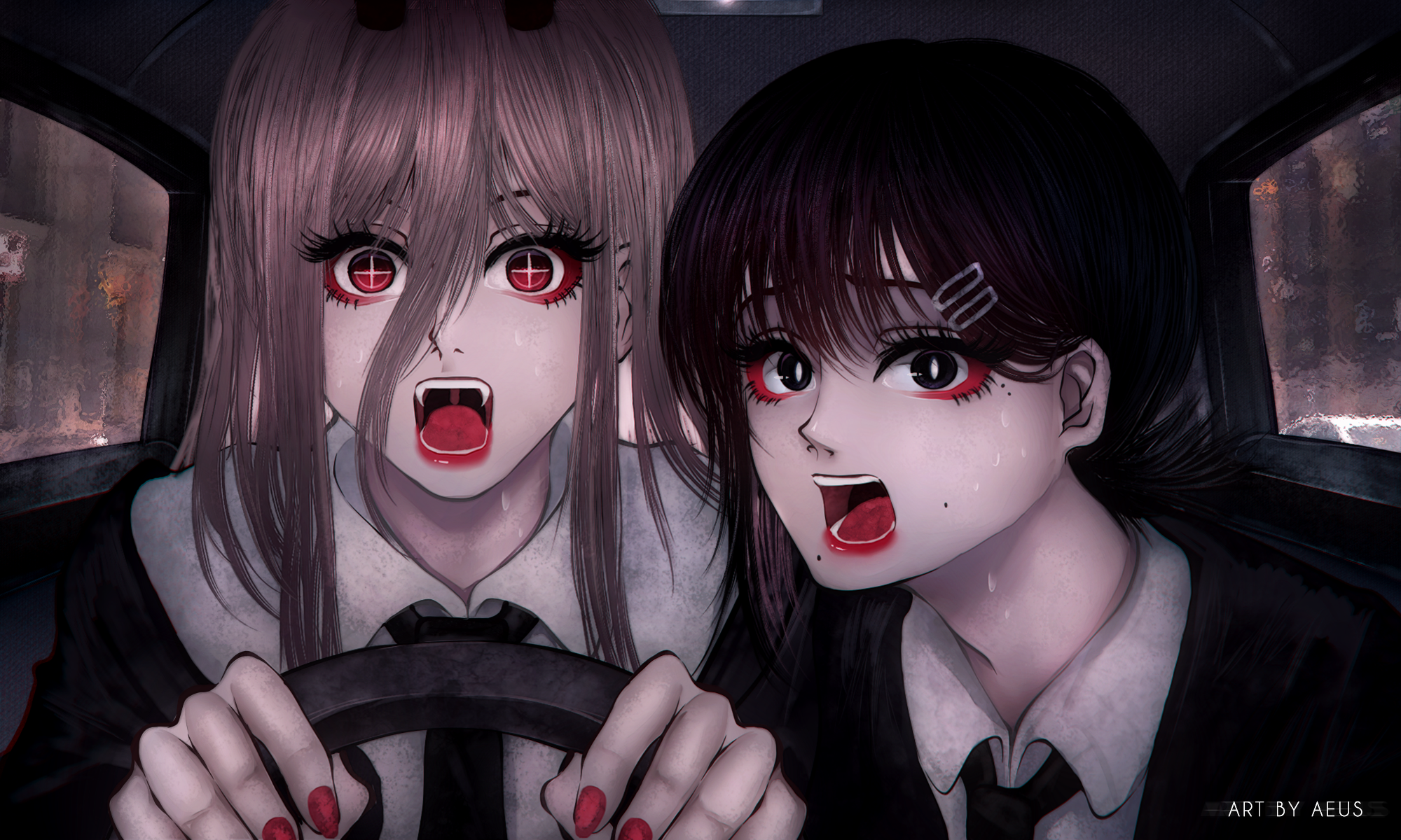 Power and Kobeni from Chainsaw Man in a car HD Wallpaper