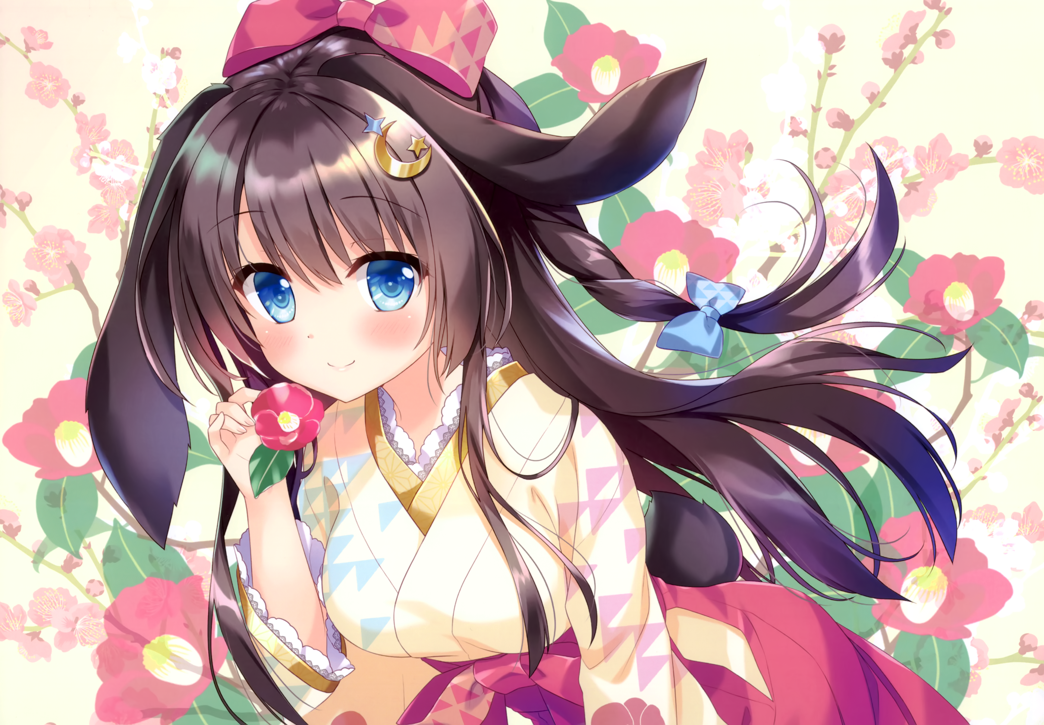 Girl with animal ears in Japanese clothes holding a flower HD Wallpaper