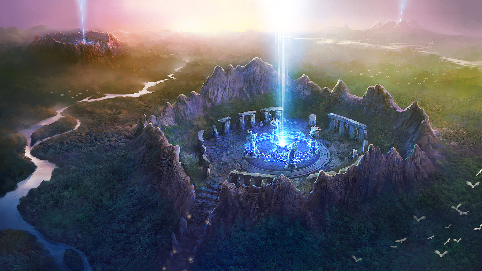 Fantasy landscape with stone circle and energy beams HD Wallpaper