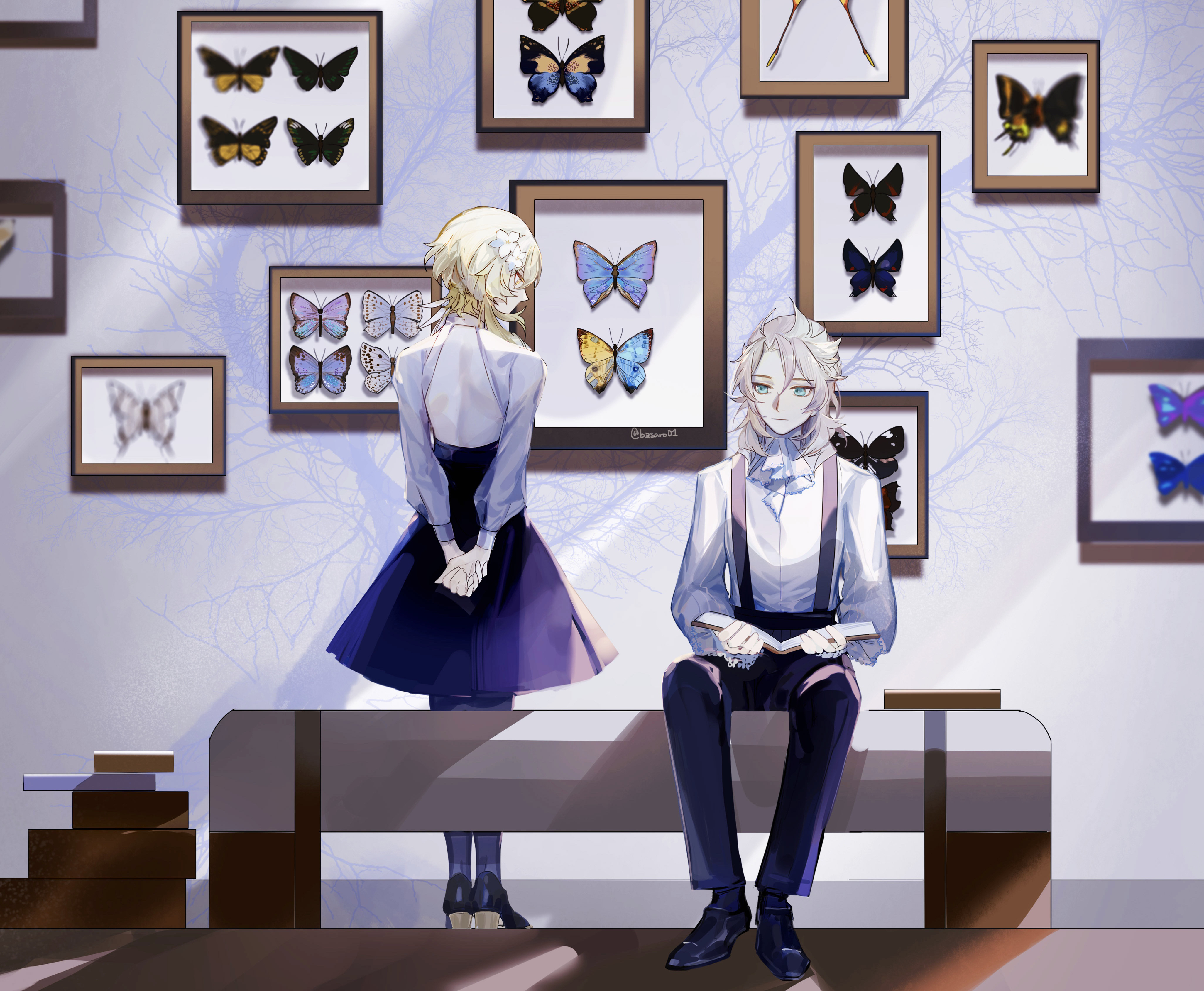 Albedo and Lumine from Genshin Impact with butterfly collection HD Wallpaper