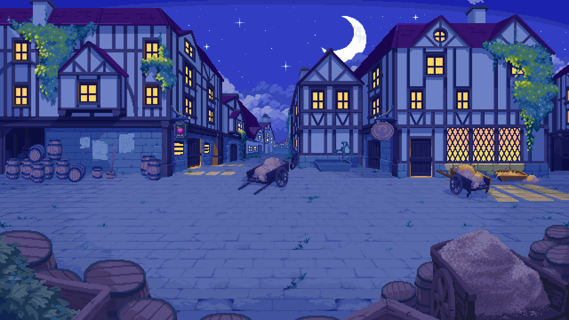 Pixel art town square at night with moon HD Wallpaper