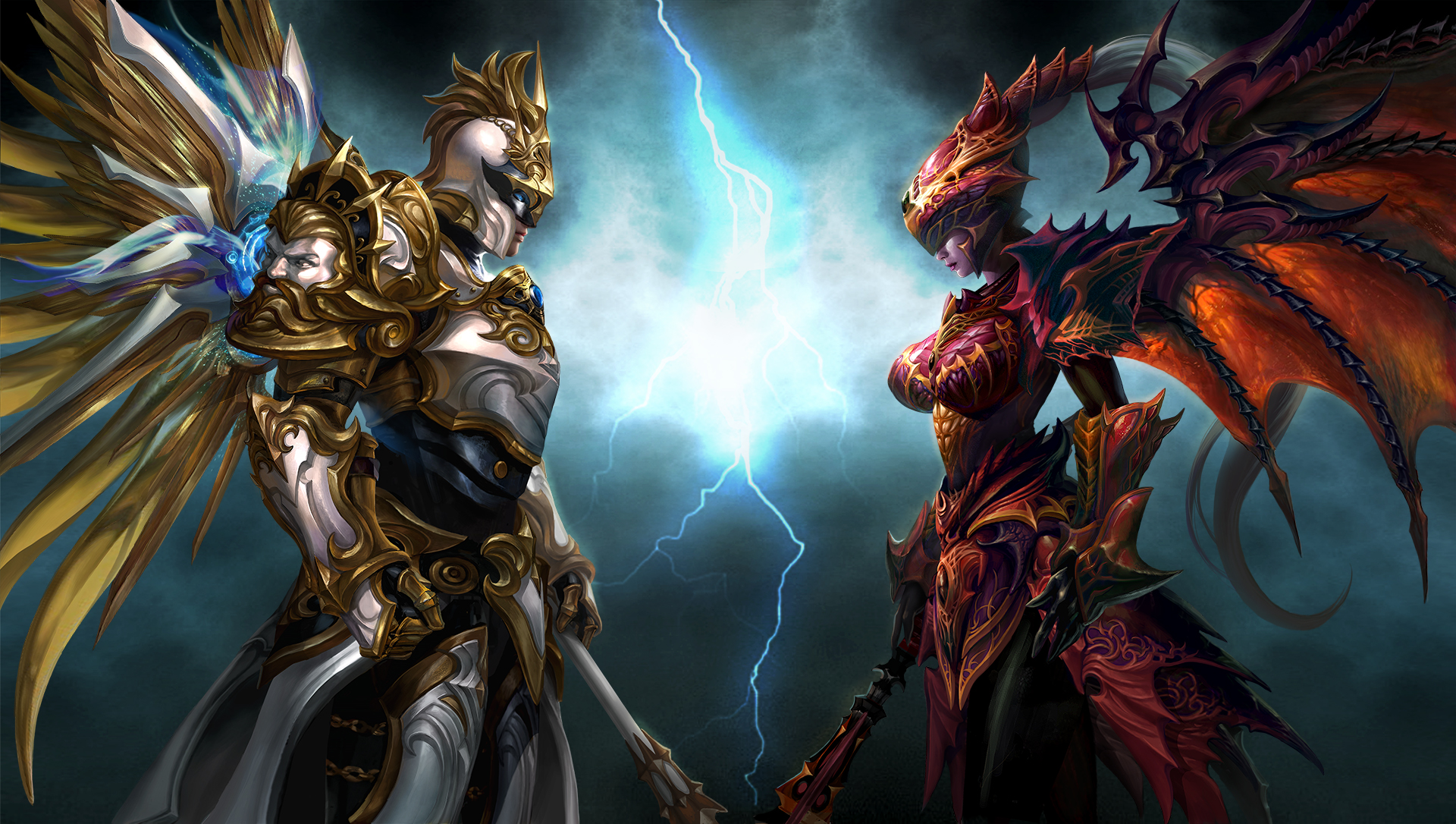 Angel and Demon warriors facing each other HD Wallpaper