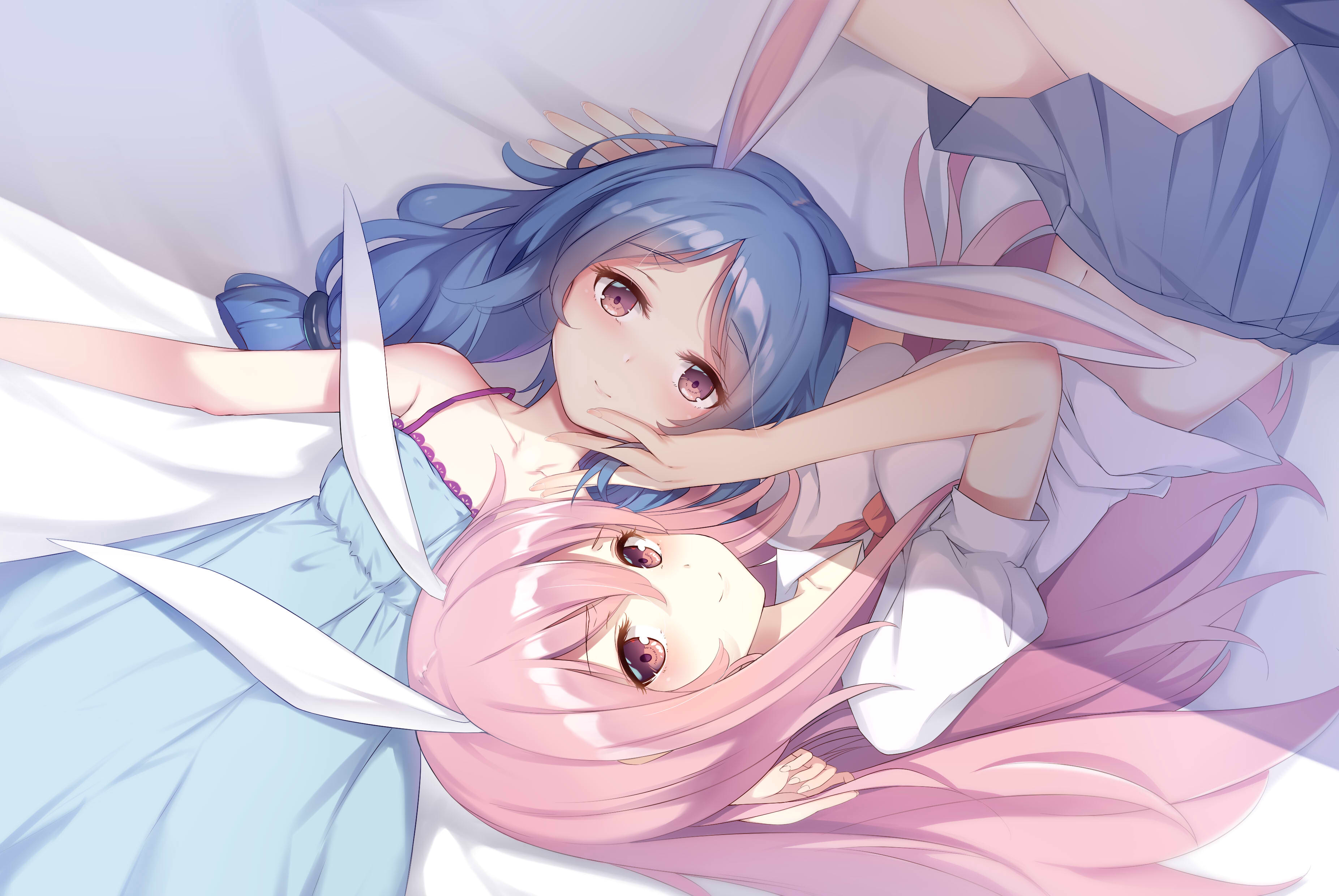 Two anime girls with bunny ears lying down HD Wallpaper