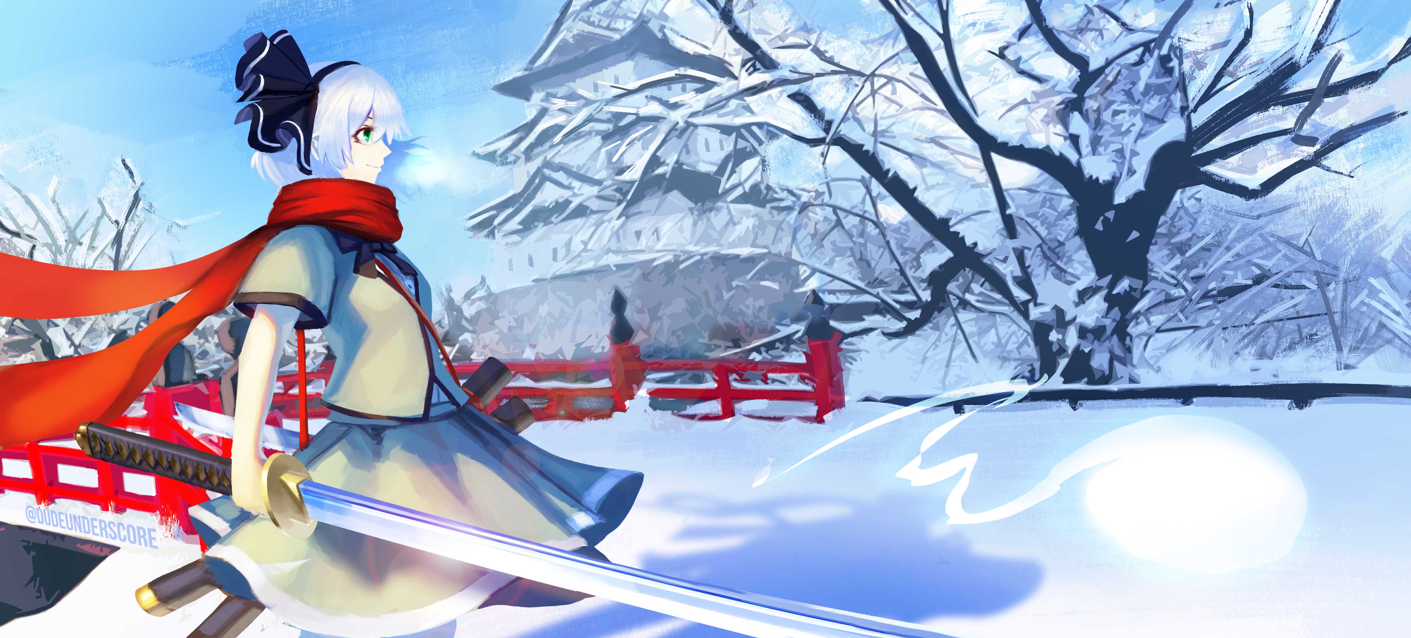 Youmu Konpaku from Touhou in a snowy landscape HD Wallpaper
