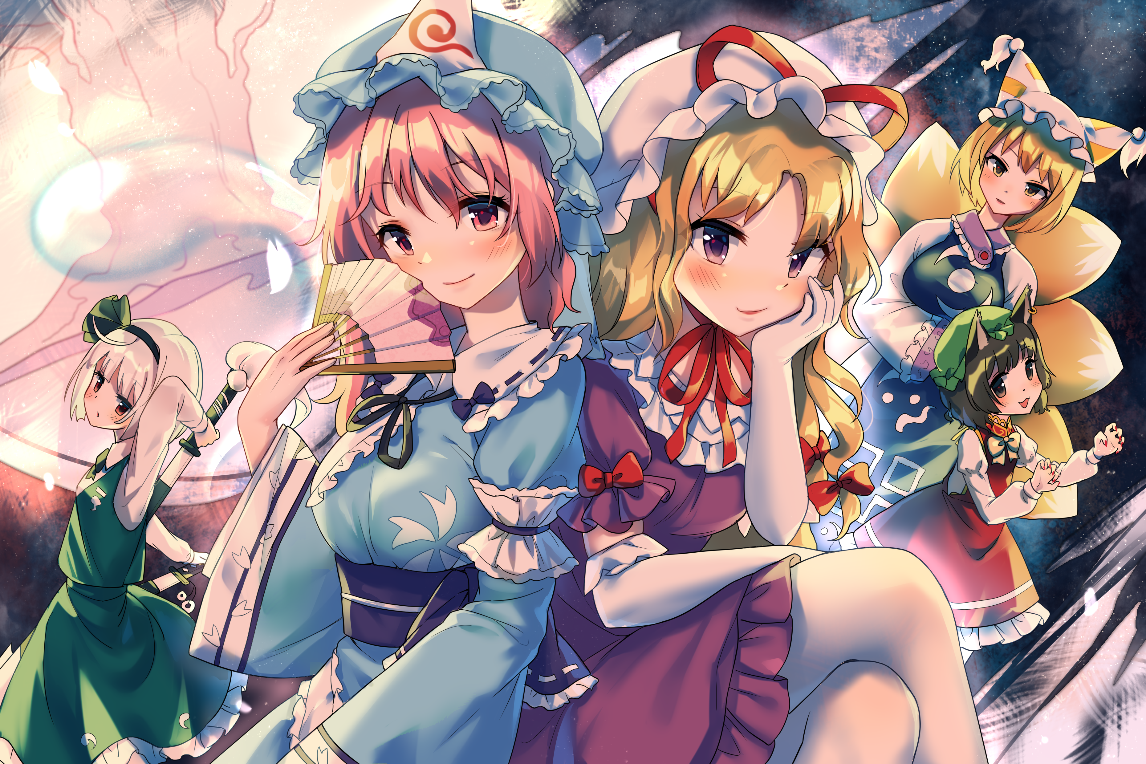 Touhou Project characters: Youmu, Yuyuko, Chen, Ran, Myon HD Wallpaper