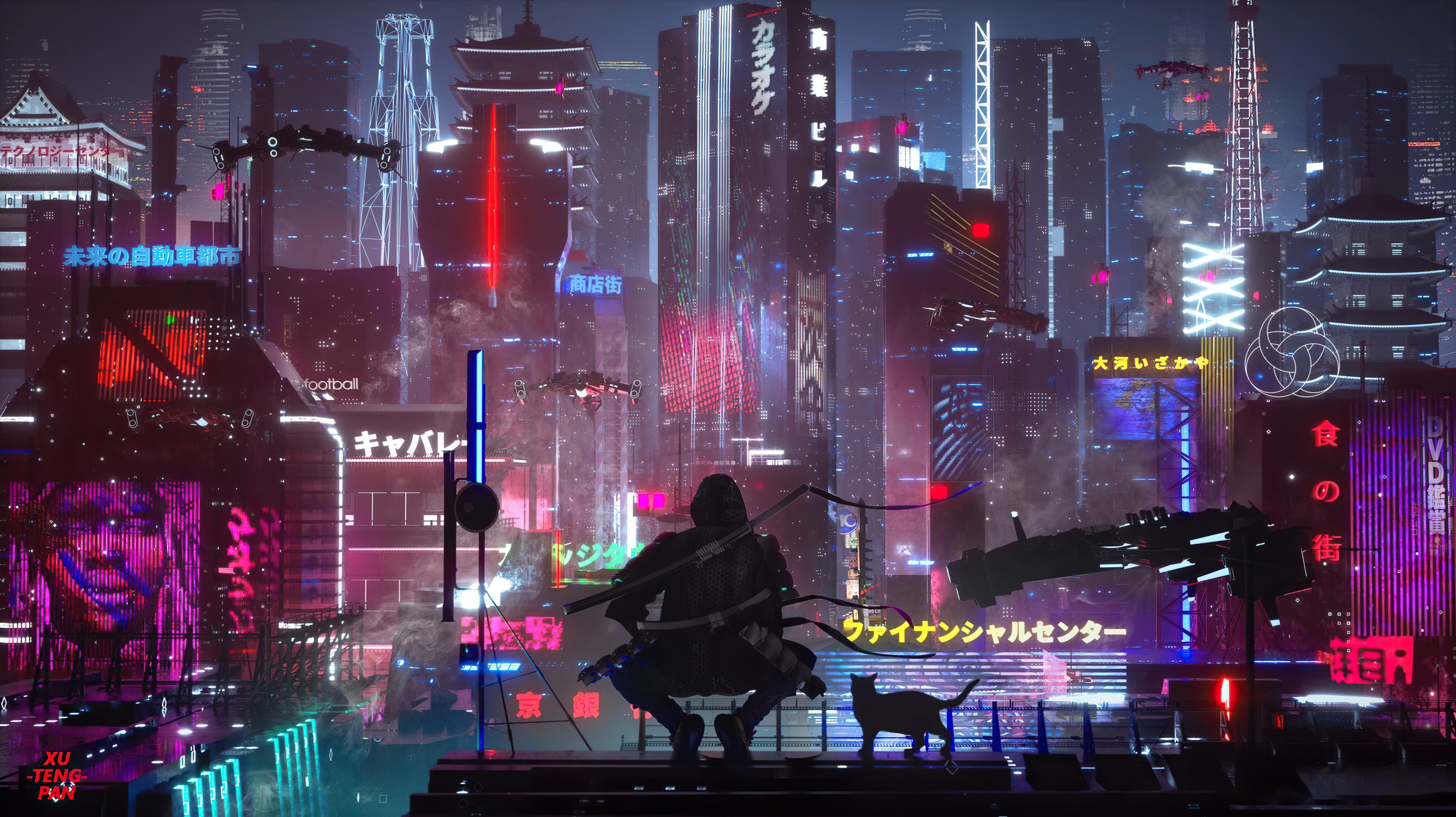 Cyberpunk Futuristic Cityscape with Man and Cat HD Wallpaper