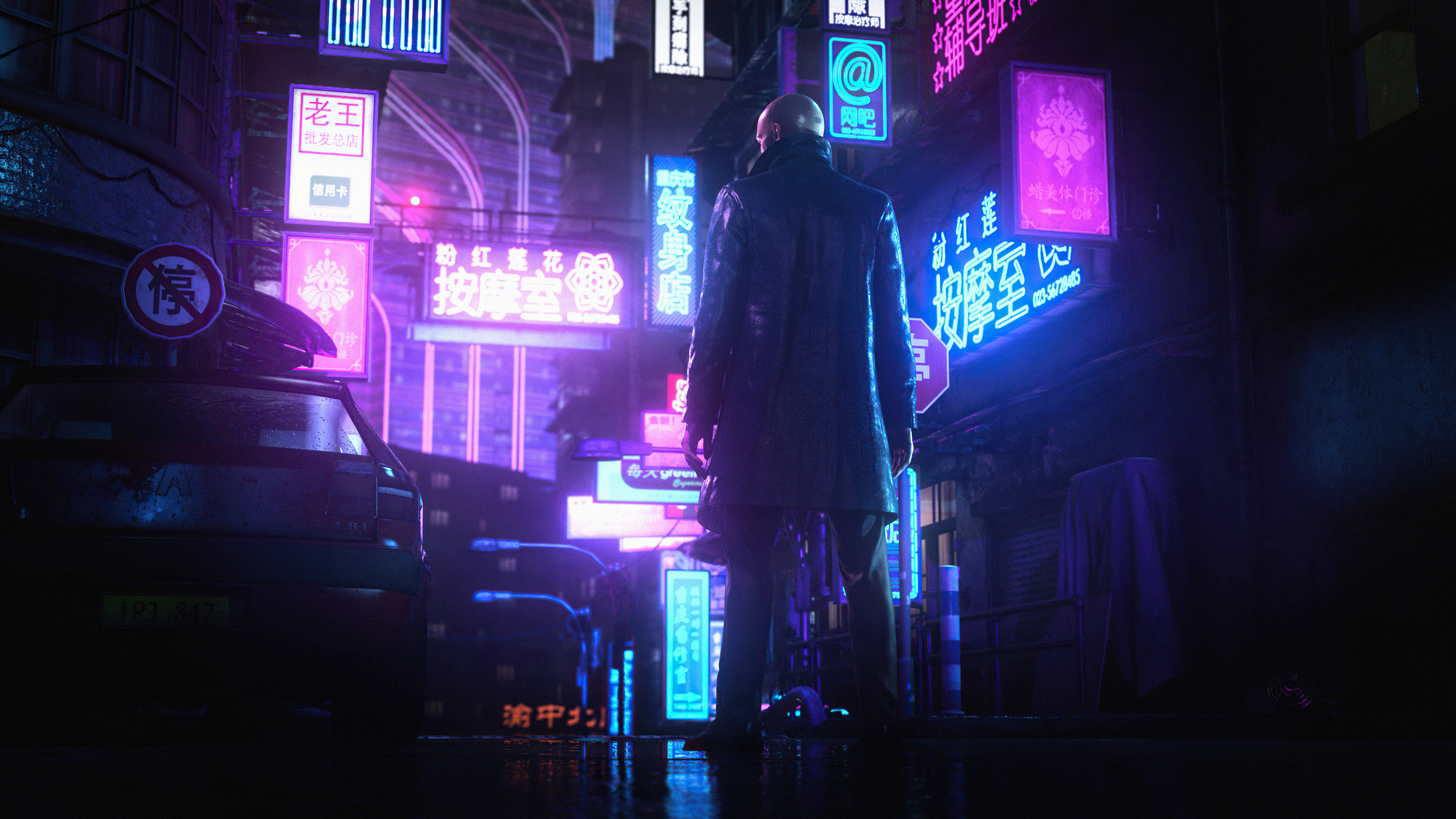 Agent 47 from Hitman 3 in a neon-lit city HD Wallpaper