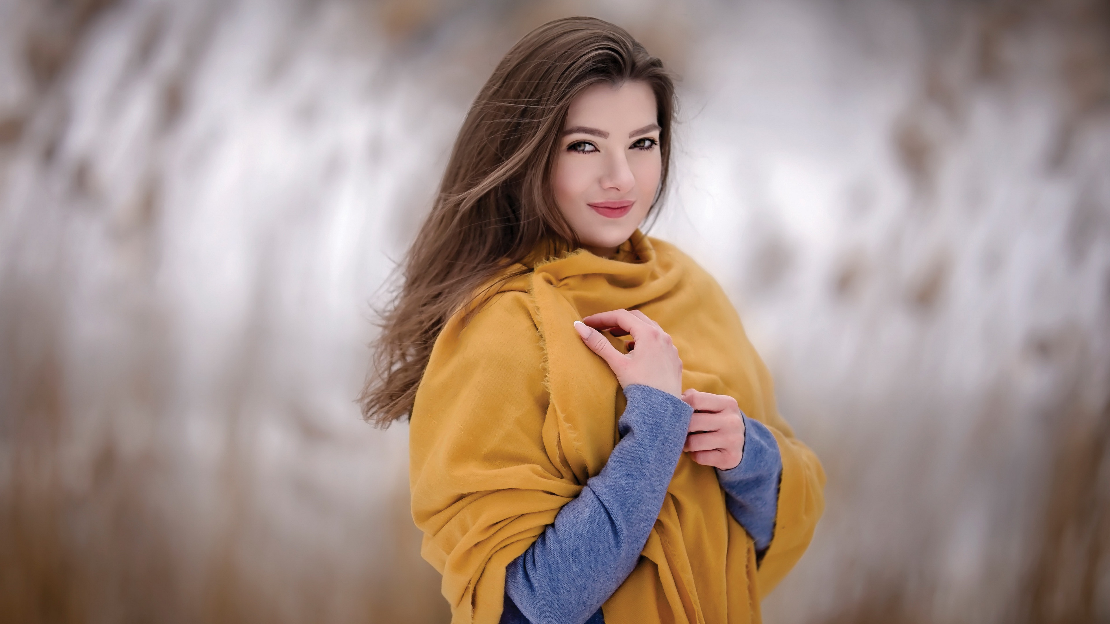 Brunette woman with long hair wearing a yellow scarf HD Wallpaper