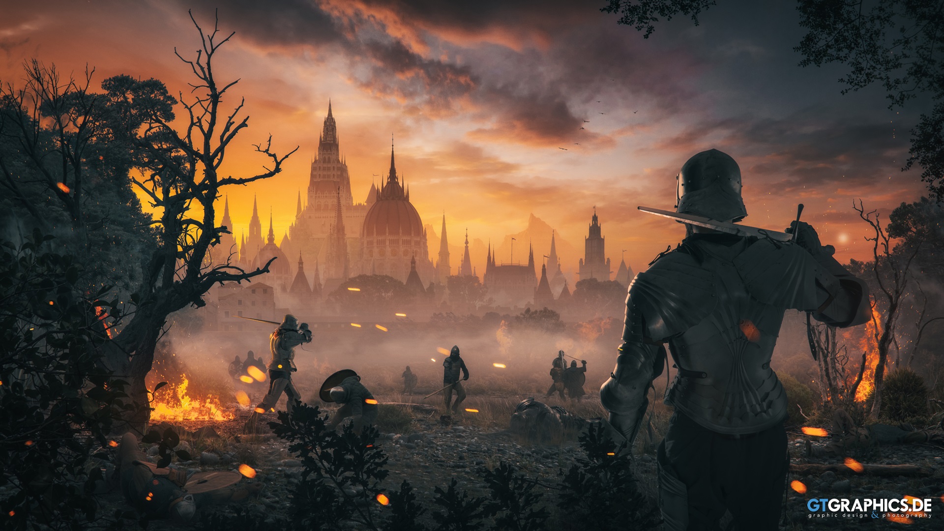 Knights in battle before a fantasy city at sunset HD Wallpaper