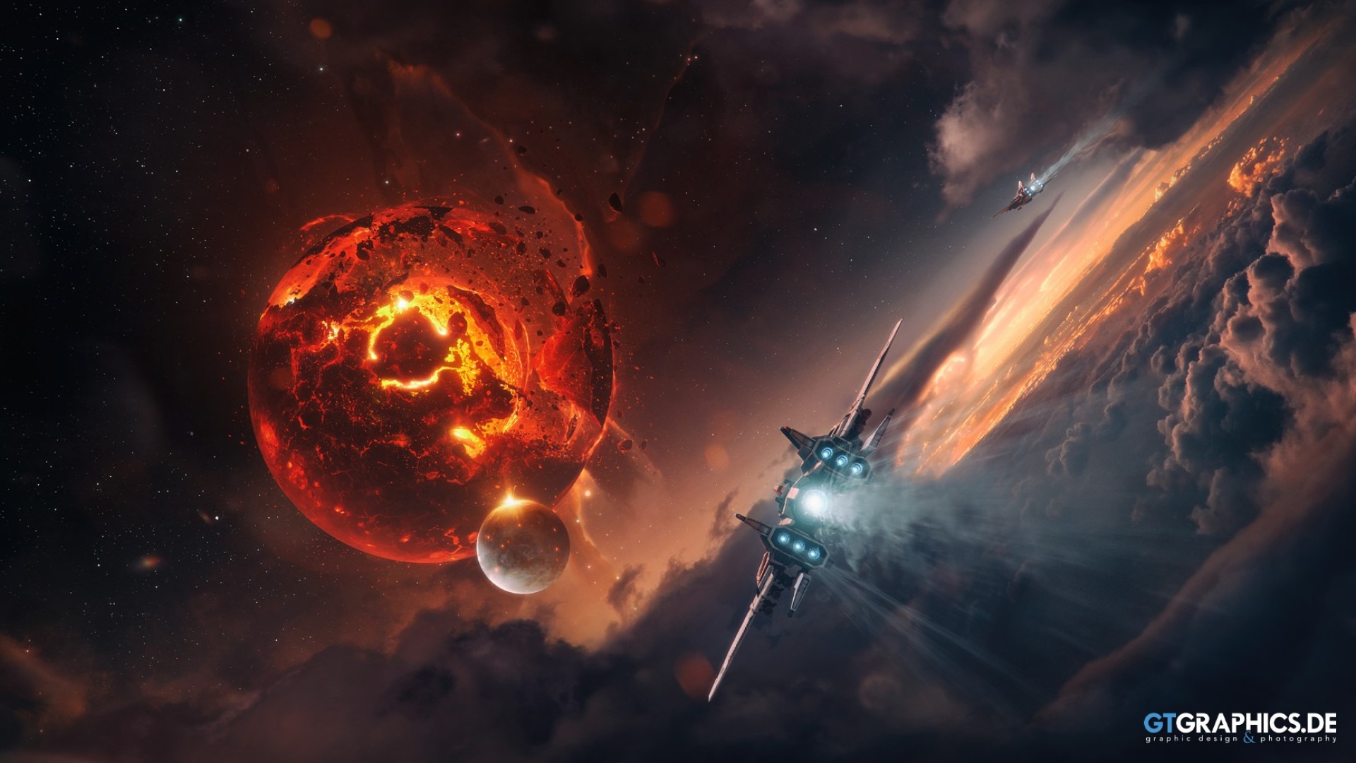 Spaceship near exploding planet and moon HD Wallpaper