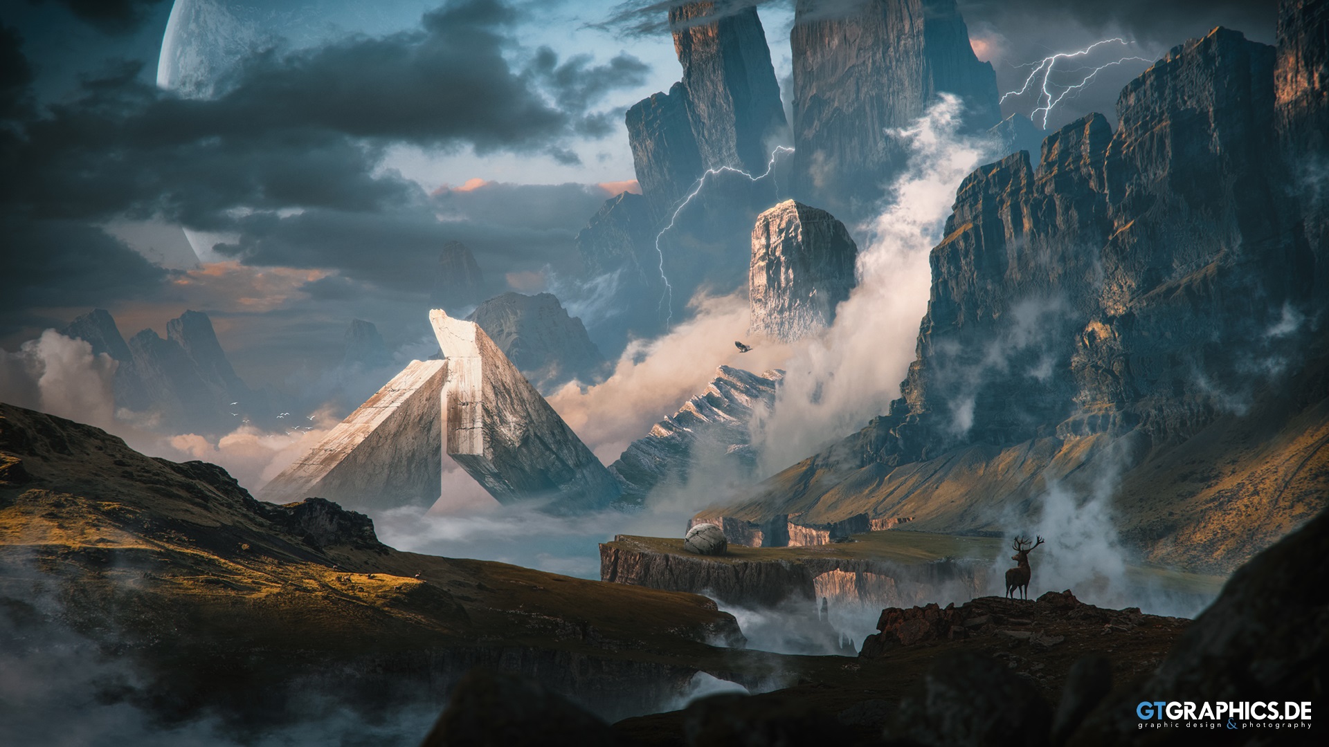 Fantasy landscape with lightning and deer HD Wallpaper
