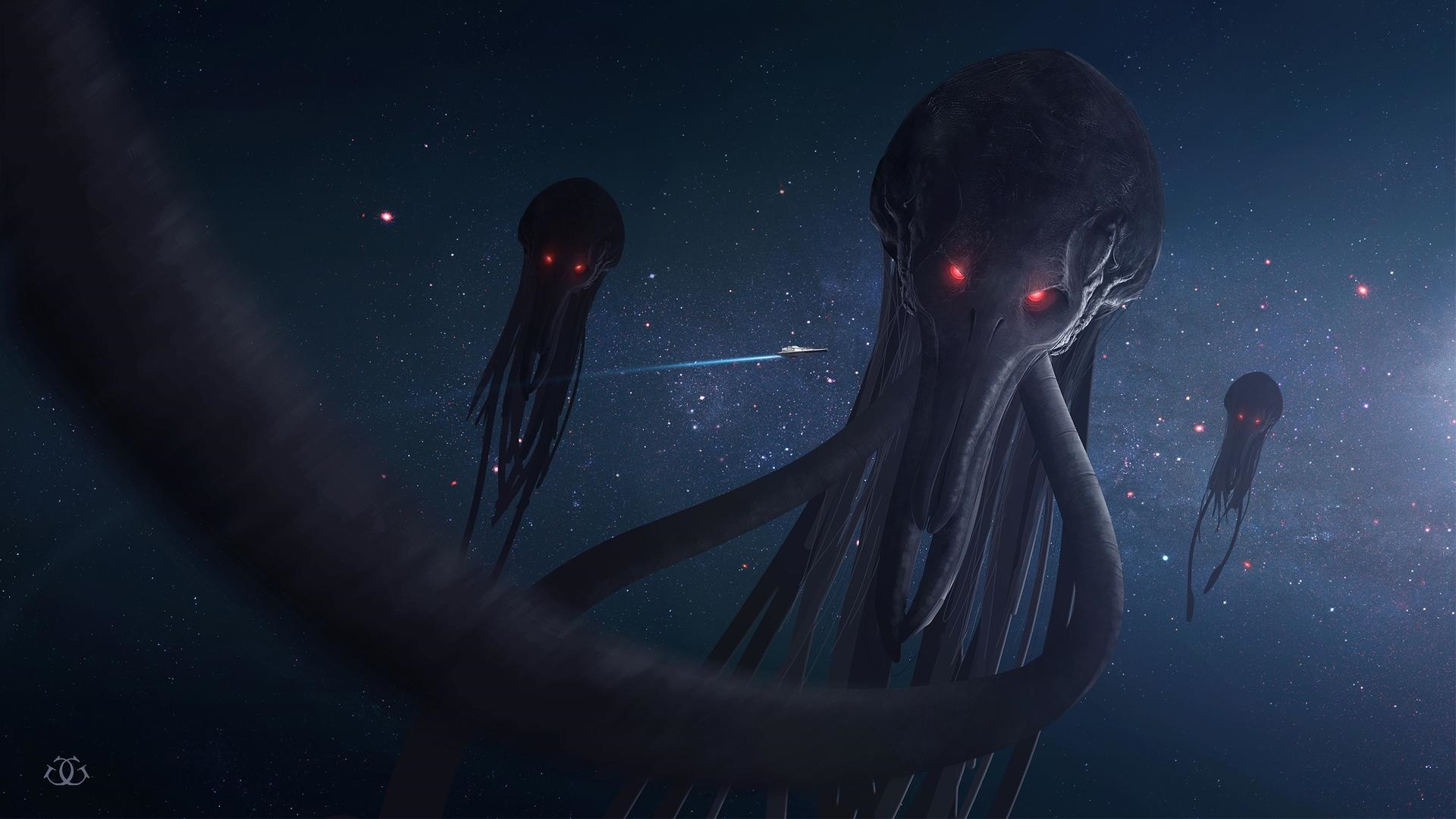 Giant space squids with red eyes and a spaceship HD Wallpaper