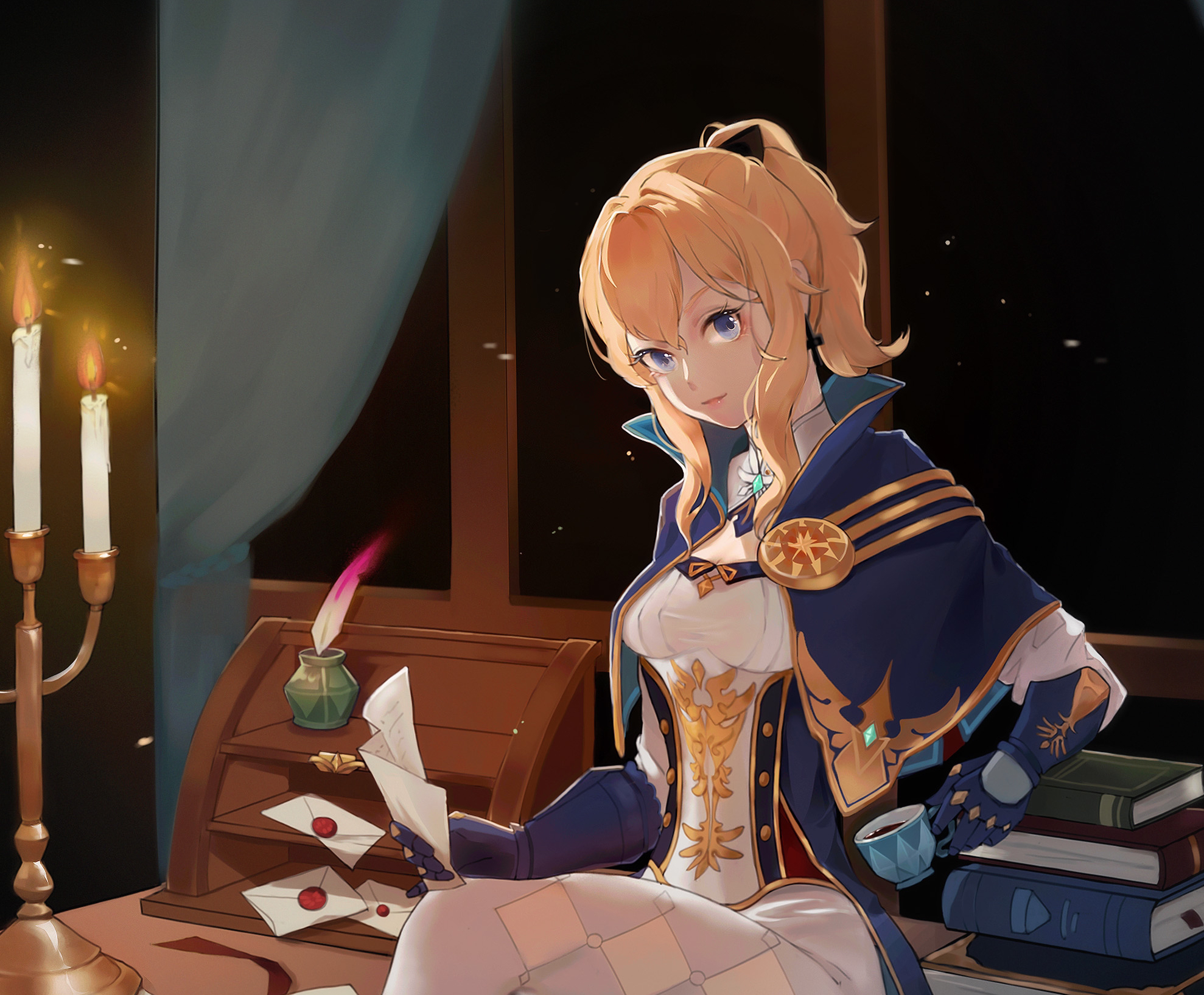 Jean from Genshin Impact writing at a desk HD Wallpaper