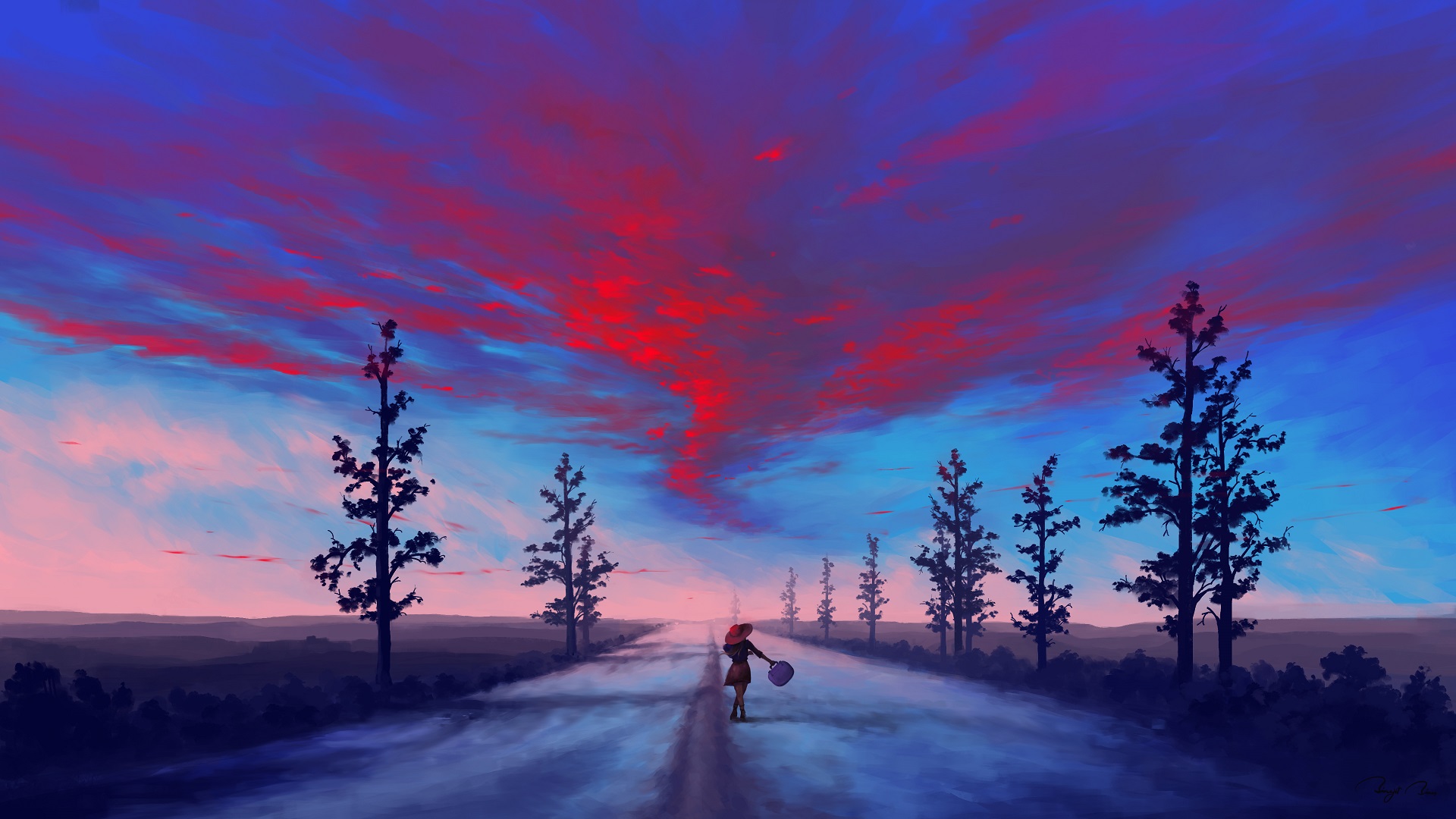 Girl with hat and bucket on road at sunset HD Wallpaper